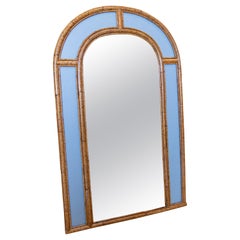 1980s Spanish Arched Bamboo & Cane Wall Mirror w/ Indigo Panels