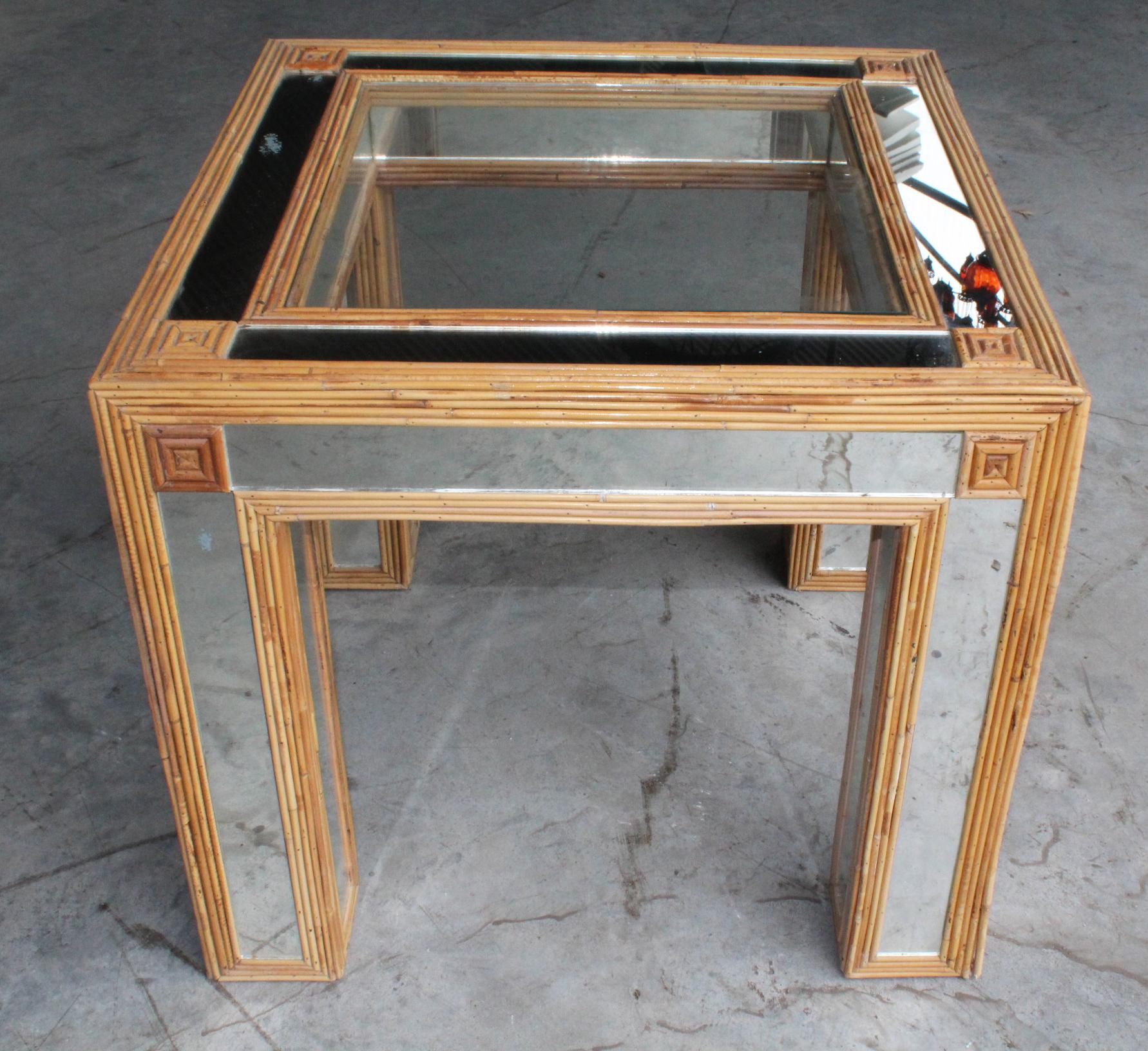 1980s, Spanish Bamboo and Mirrors Side Table 1