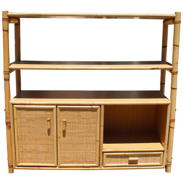 1980s Spanish Bamboo And Rattan Bookshelf With Drawers At 1stdibs