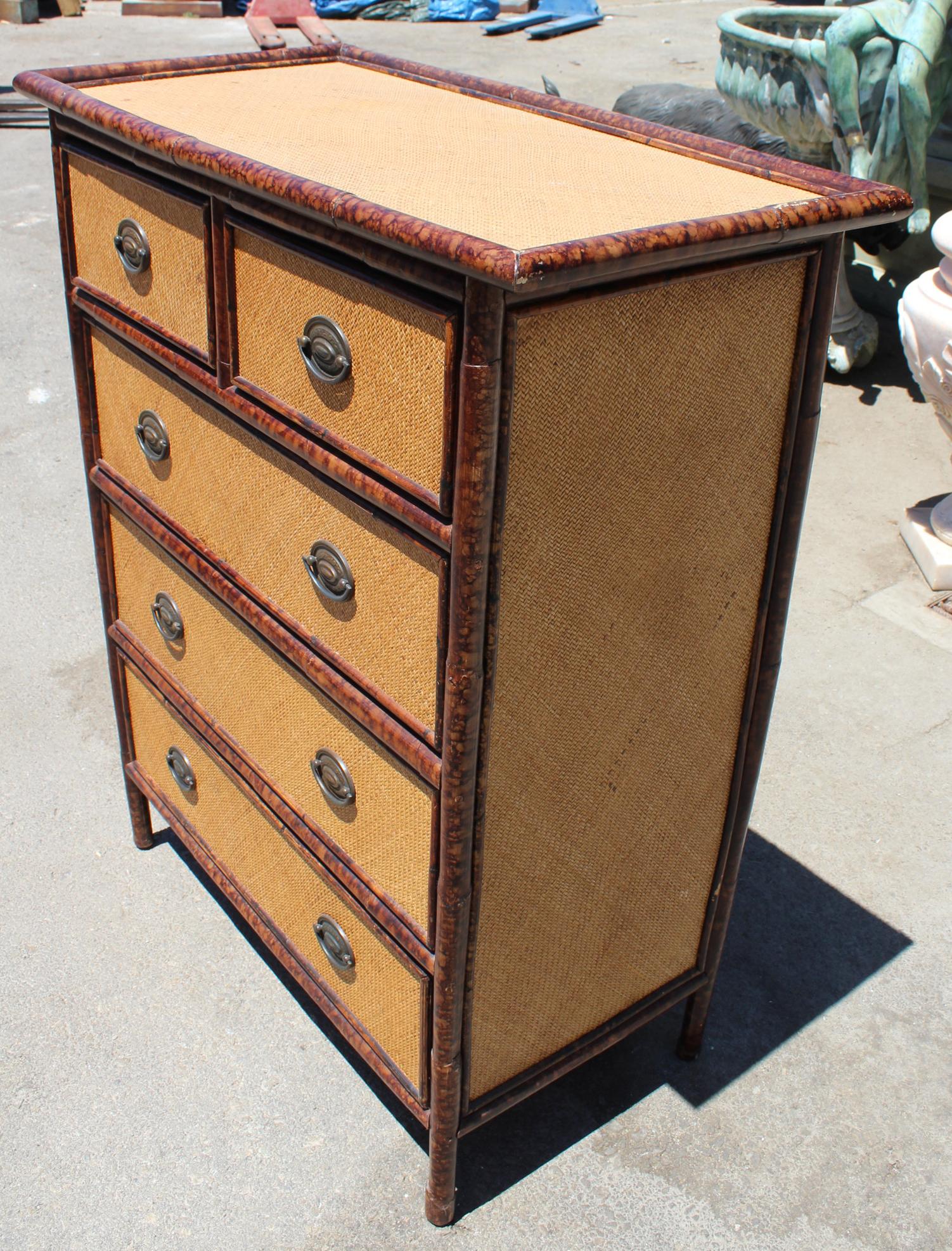 1980s Spanish Bamboo and Rattan Chest of Drawers with Iron Handles In Good Condition In Marbella, ES