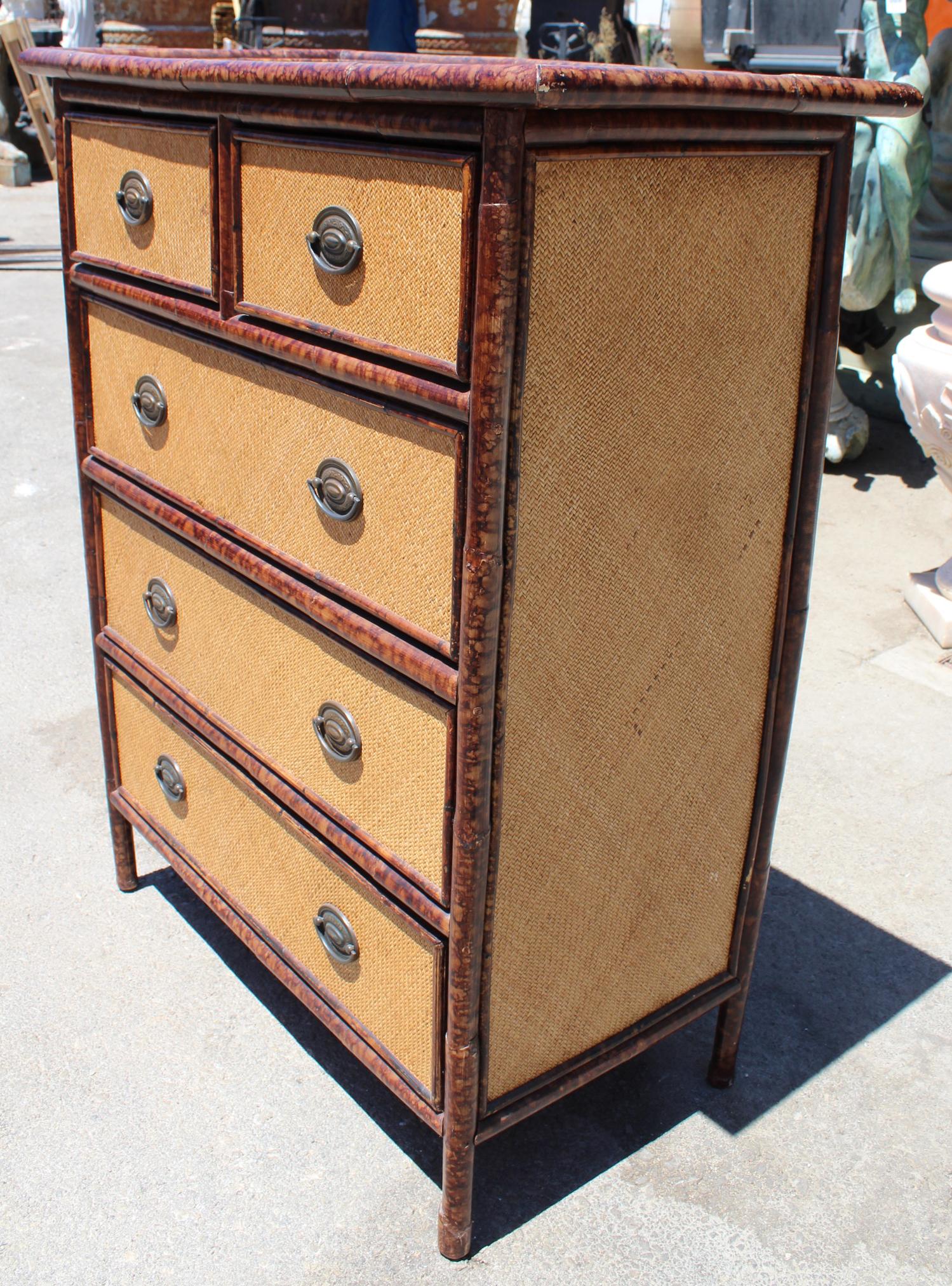 20th Century 1980s Spanish Bamboo and Rattan Chest of Drawers with Iron Handles