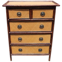 Retro 1980s Spanish Bamboo and Rattan Chest of Drawers with Iron Handles