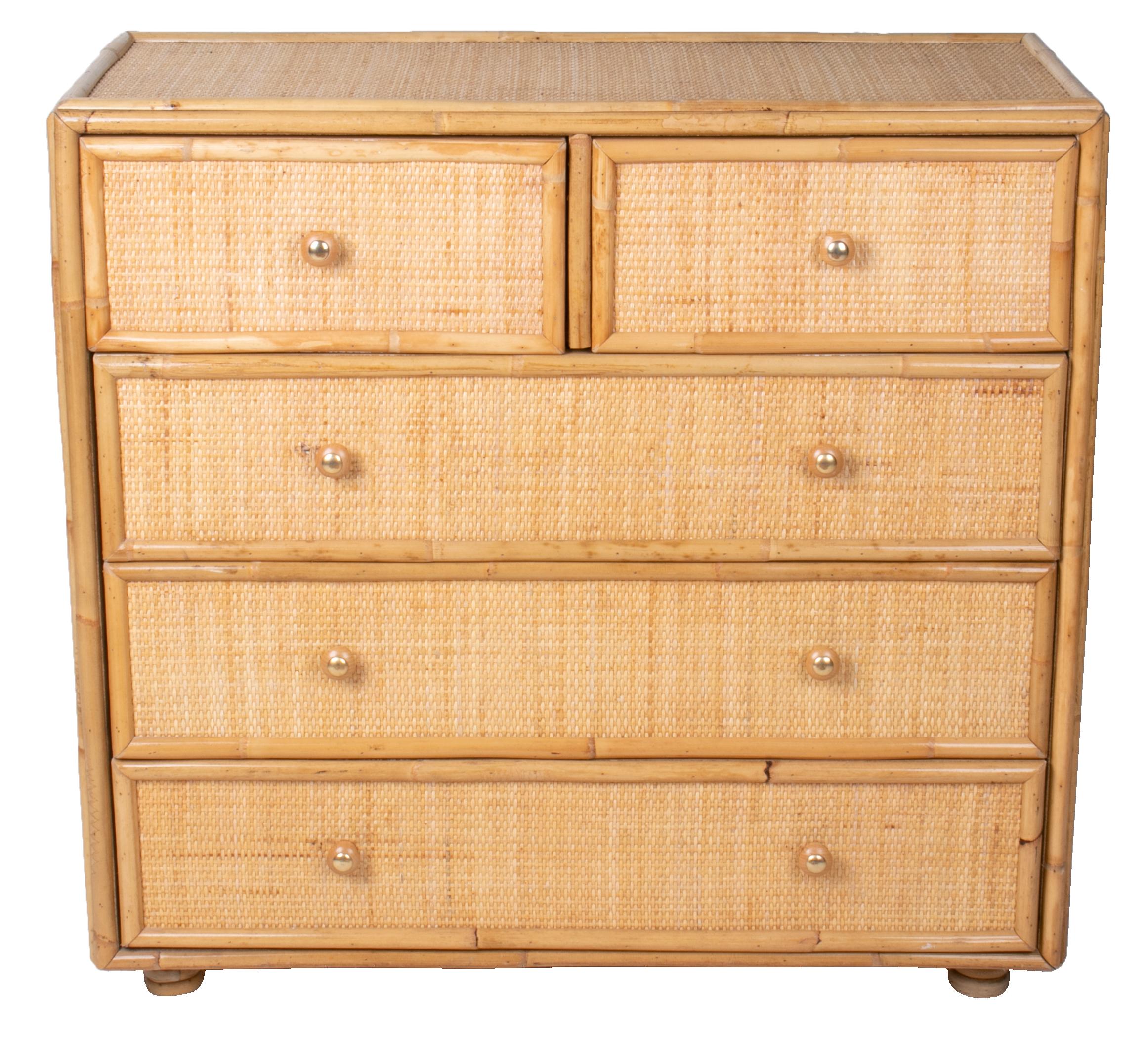 1980s Spanish bamboo and rattan five-drawer chest.