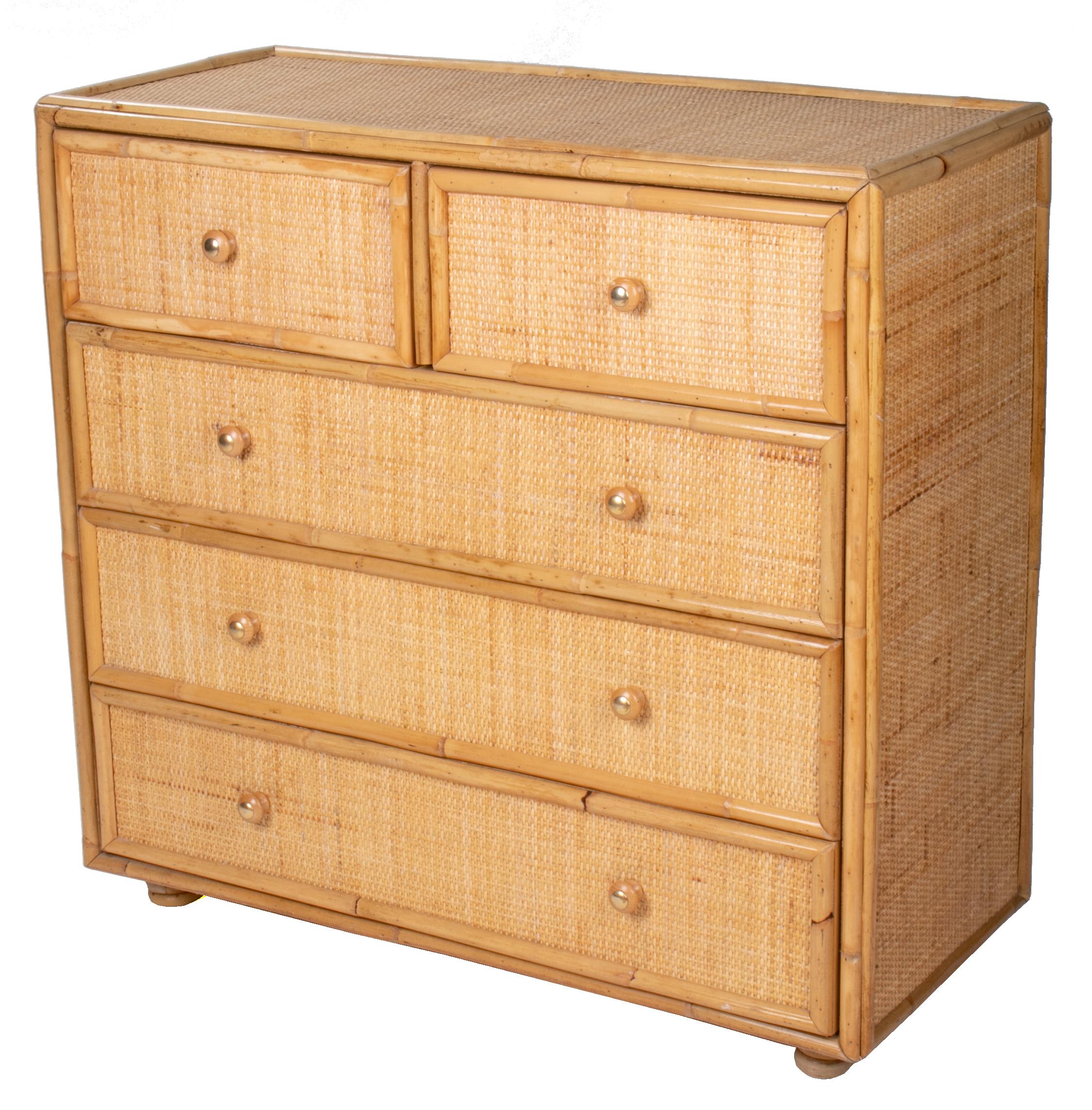 1980s Spanish Bamboo and Rattan Five-Drawer Chest In Good Condition In Marbella, ES