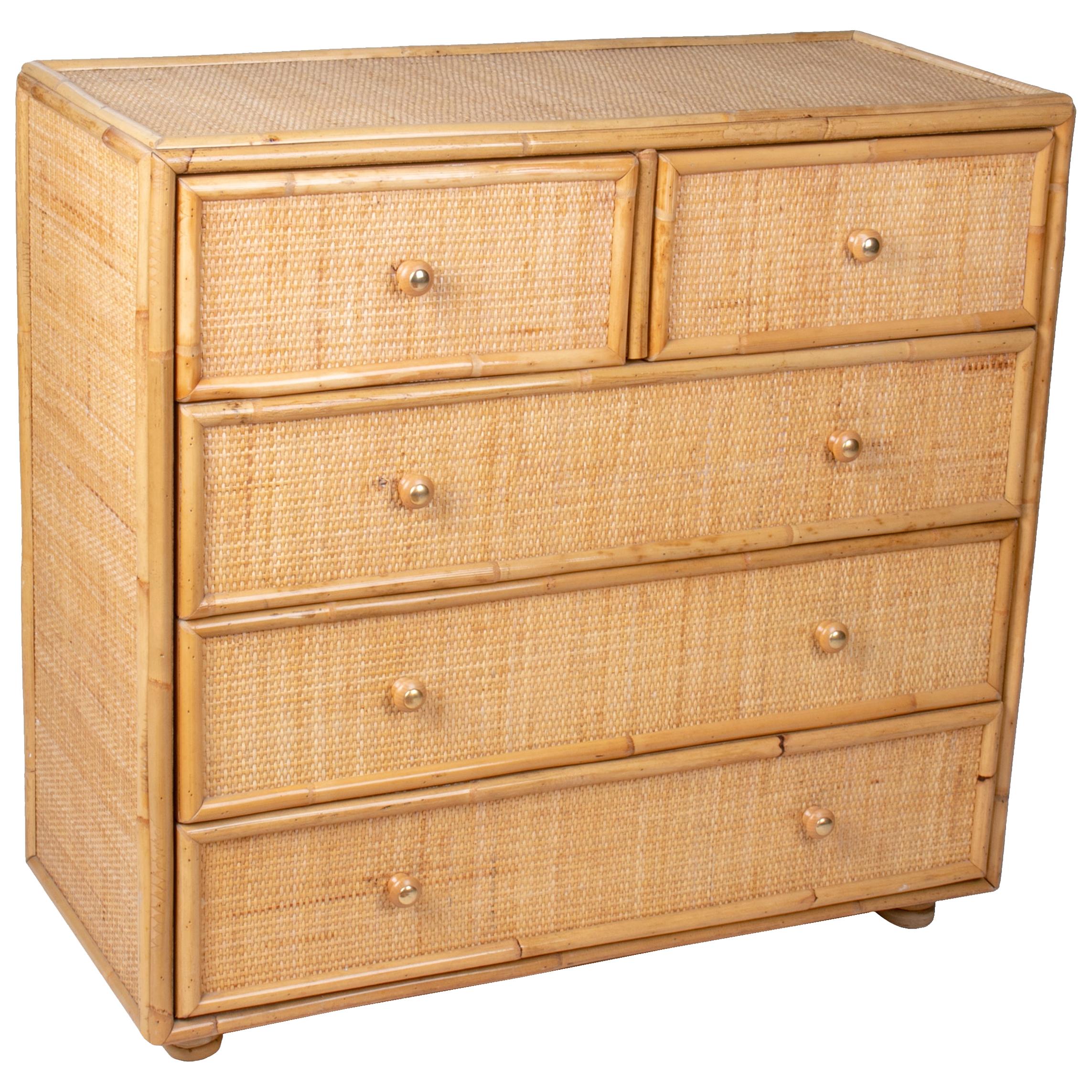 1980s Spanish Bamboo and Rattan Five-Drawer Chest