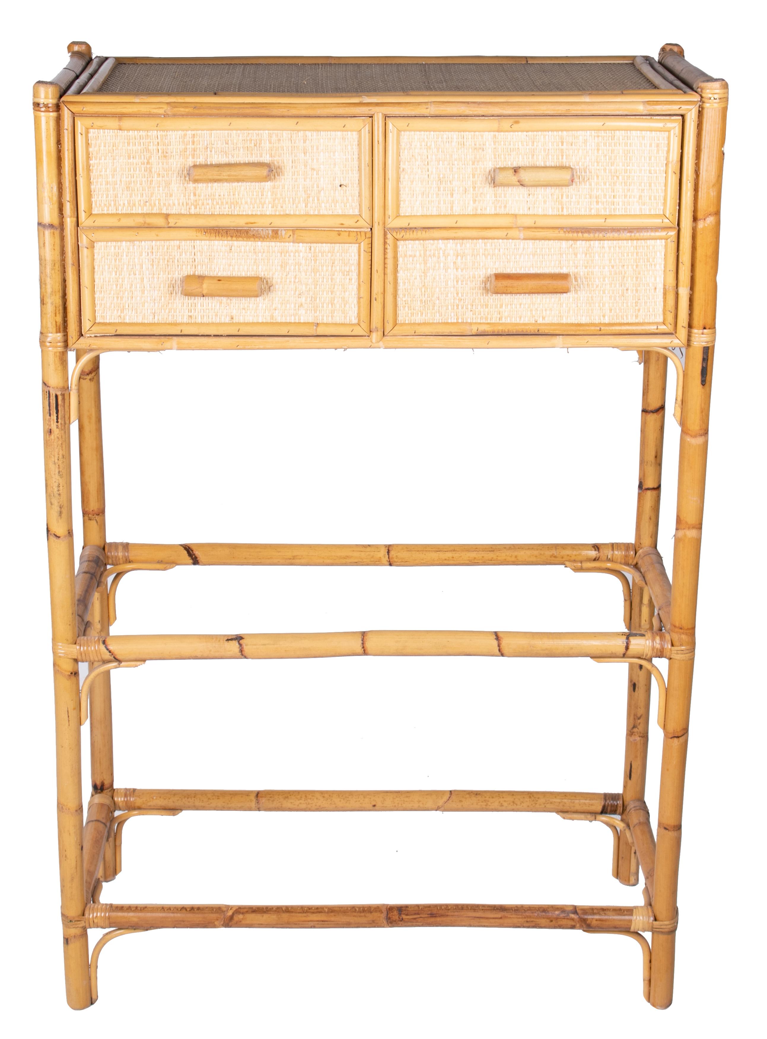 1980s Spanish bamboo and rattan four drawer chest with two bottom shelves.