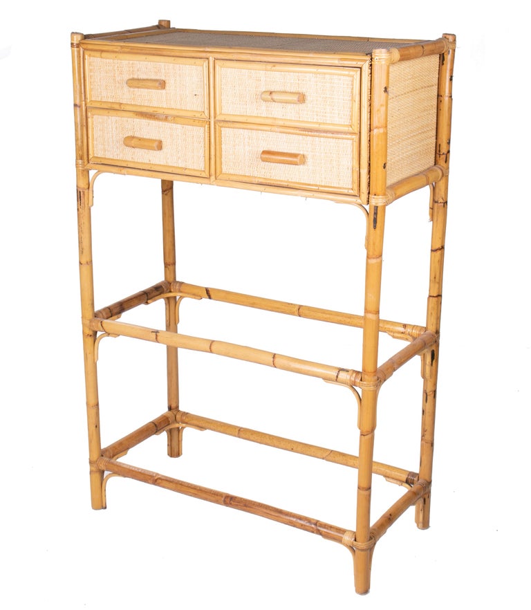 1980s Spanish Bamboo and Rattan Four Drawer Chest with Two Bottom