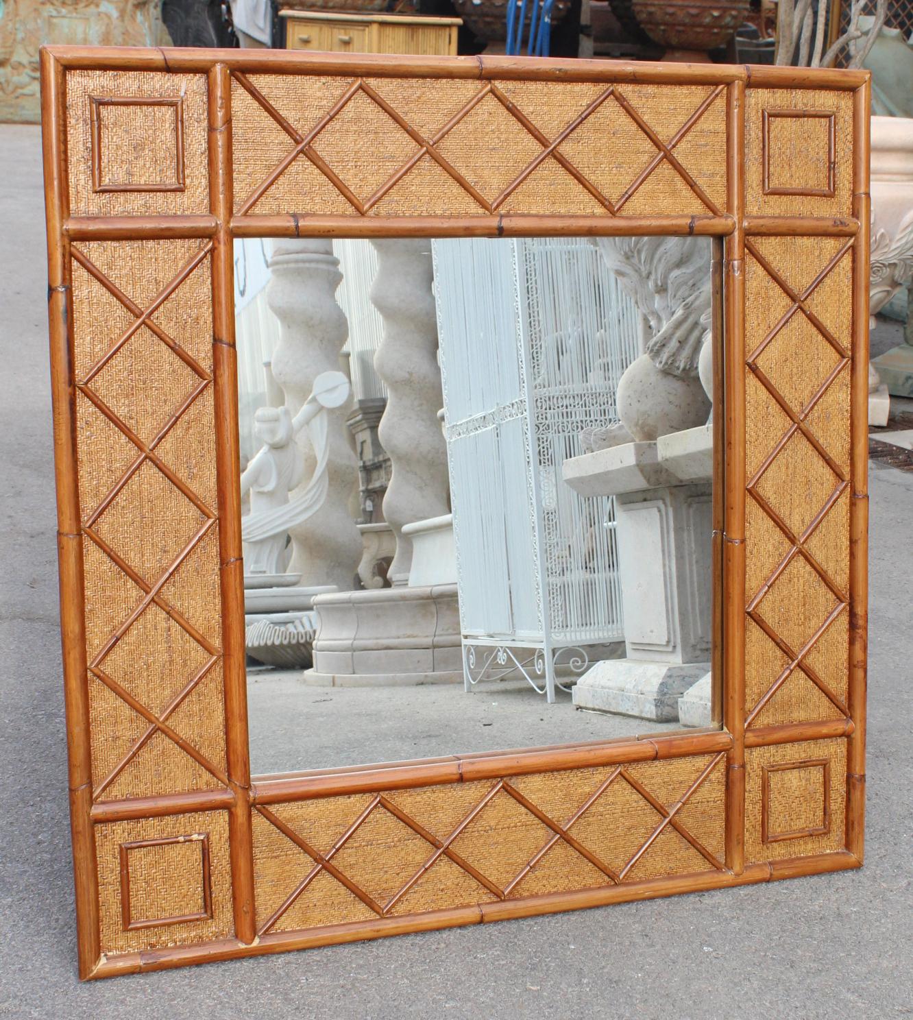 1980s Spanish bamboo and rattan square mirror.