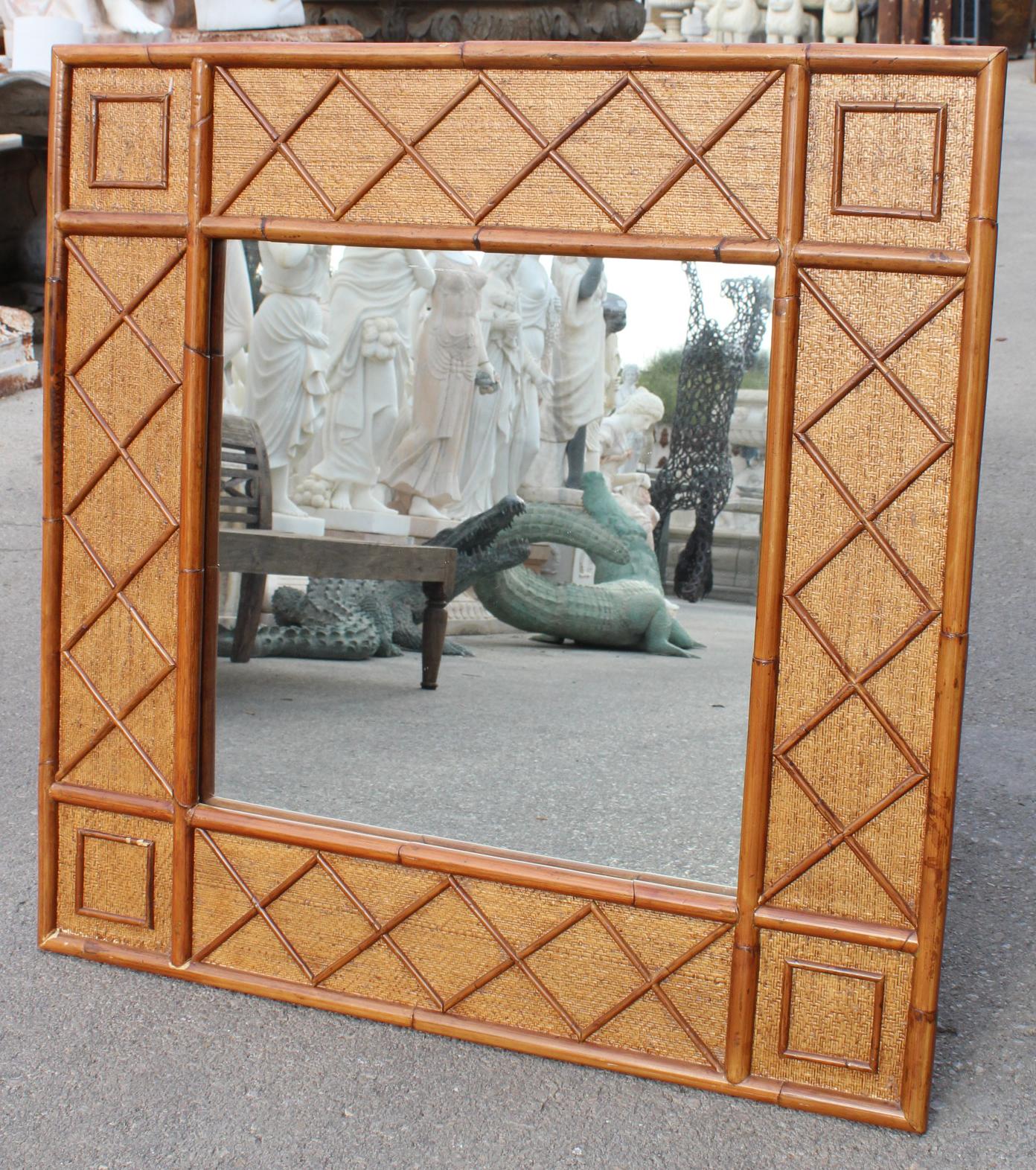 1980s Spanish Bamboo and Rattan Square Mirror In Good Condition In Marbella, ES