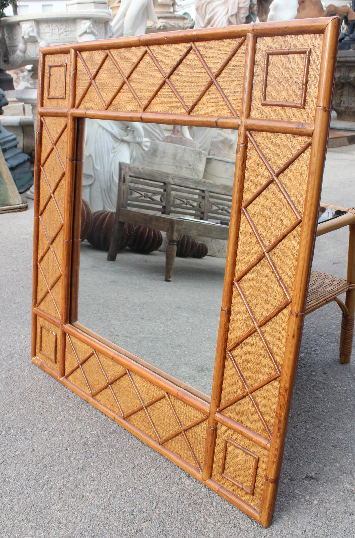 Late 20th Century 1980s Spanish Bamboo and Rattan Square Mirror
