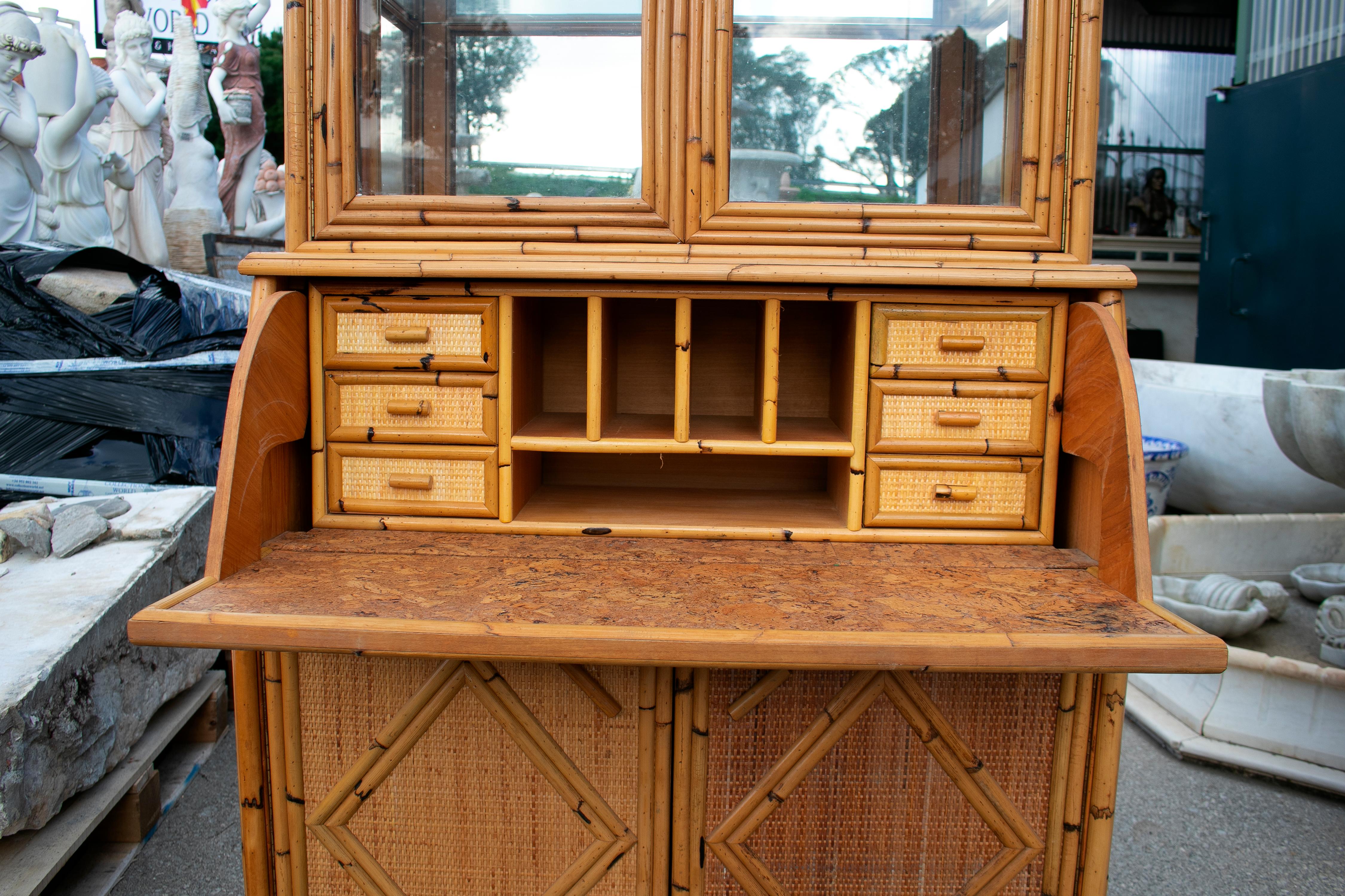 1980s Spanish Bamboo and Rattan Two-Piece Secretary Desk Bookcase 4