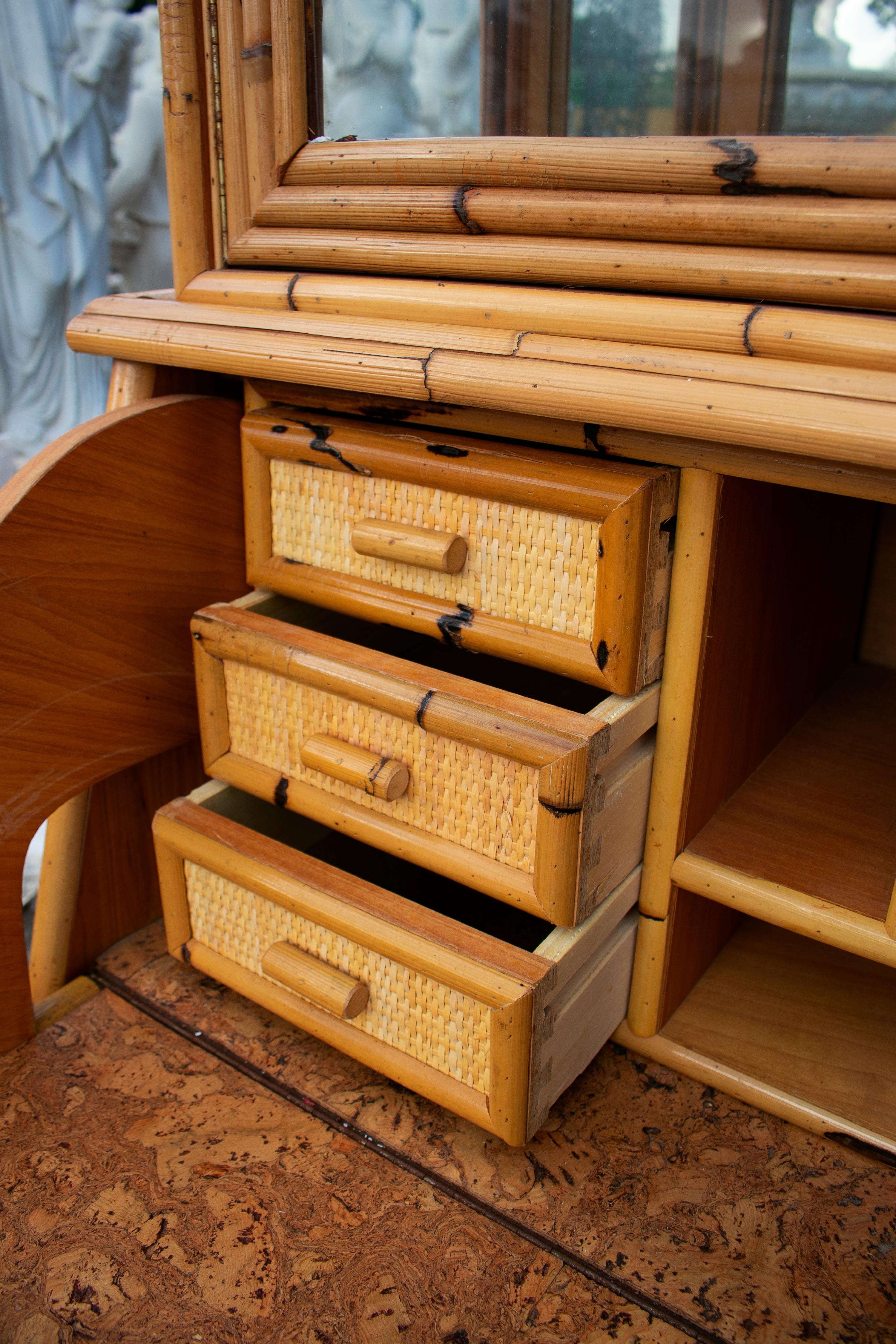 1980s Spanish Bamboo and Rattan Two-Piece Secretary Desk Bookcase 5