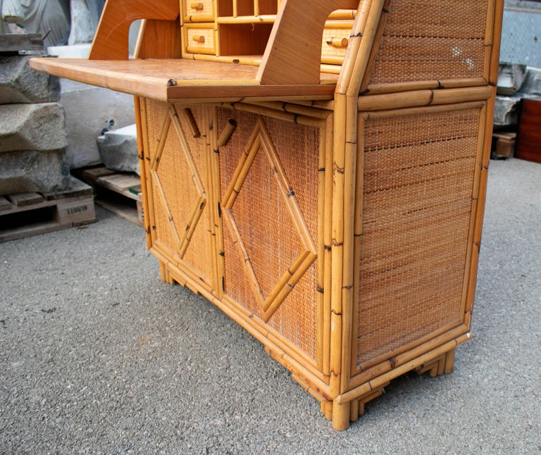 1980s Spanish Bamboo and Rattan Two-Piece Secretary Desk Bookcase For ...