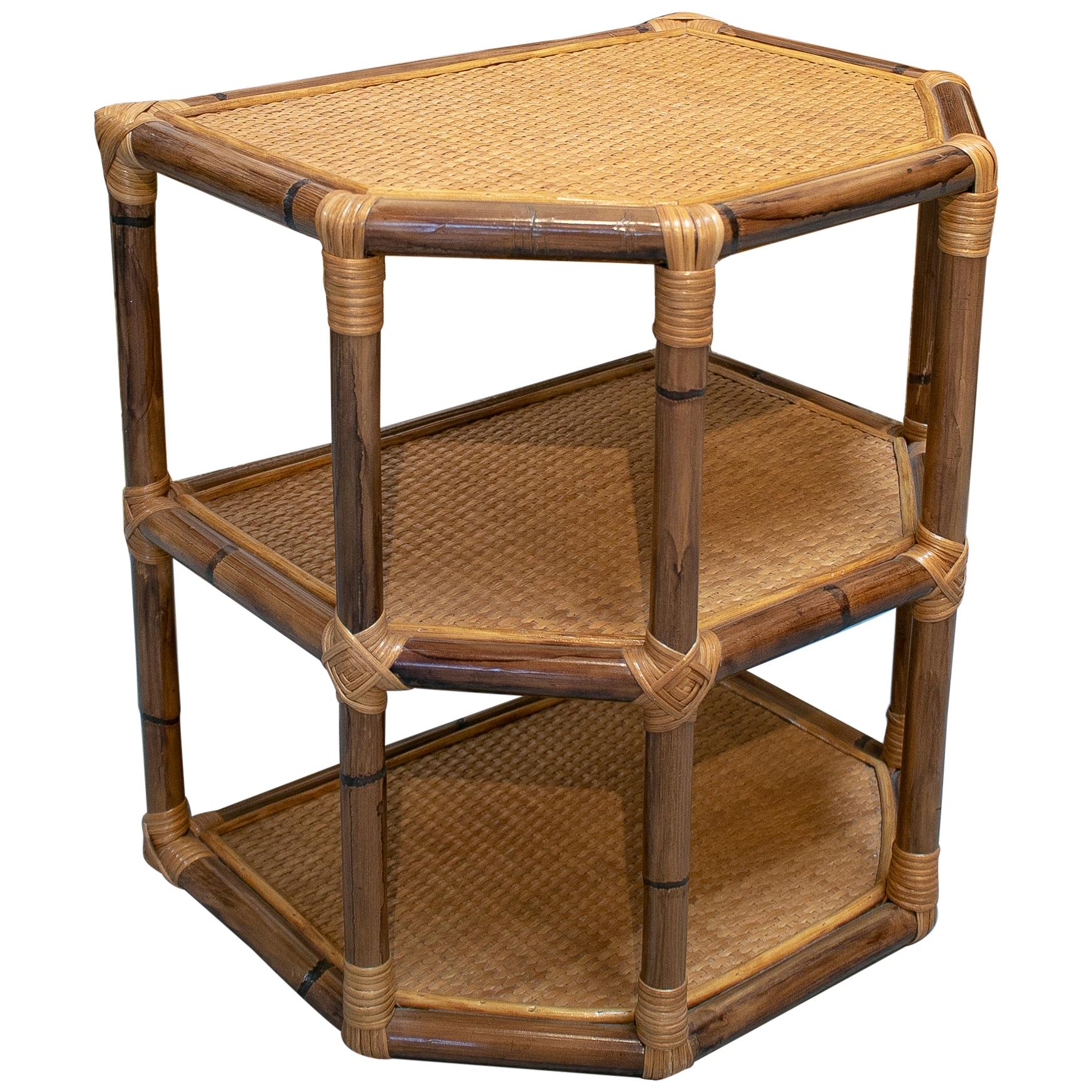 1980s Spanish Bamboo and Wicker 2-Shelve Side Table