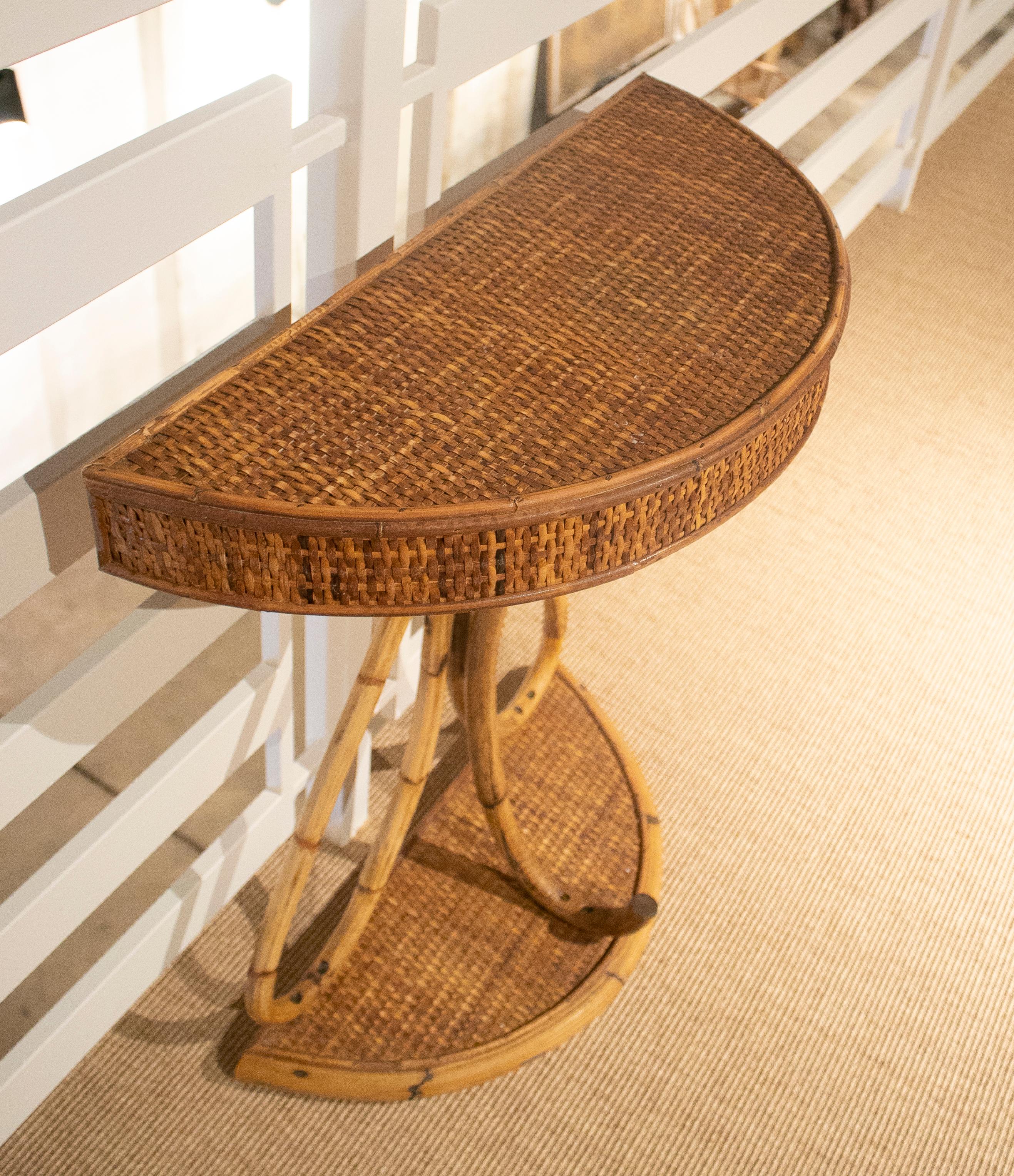 1980s Spanish Bamboo and Wicker Demilune Console Table In Good Condition In Marbella, ES