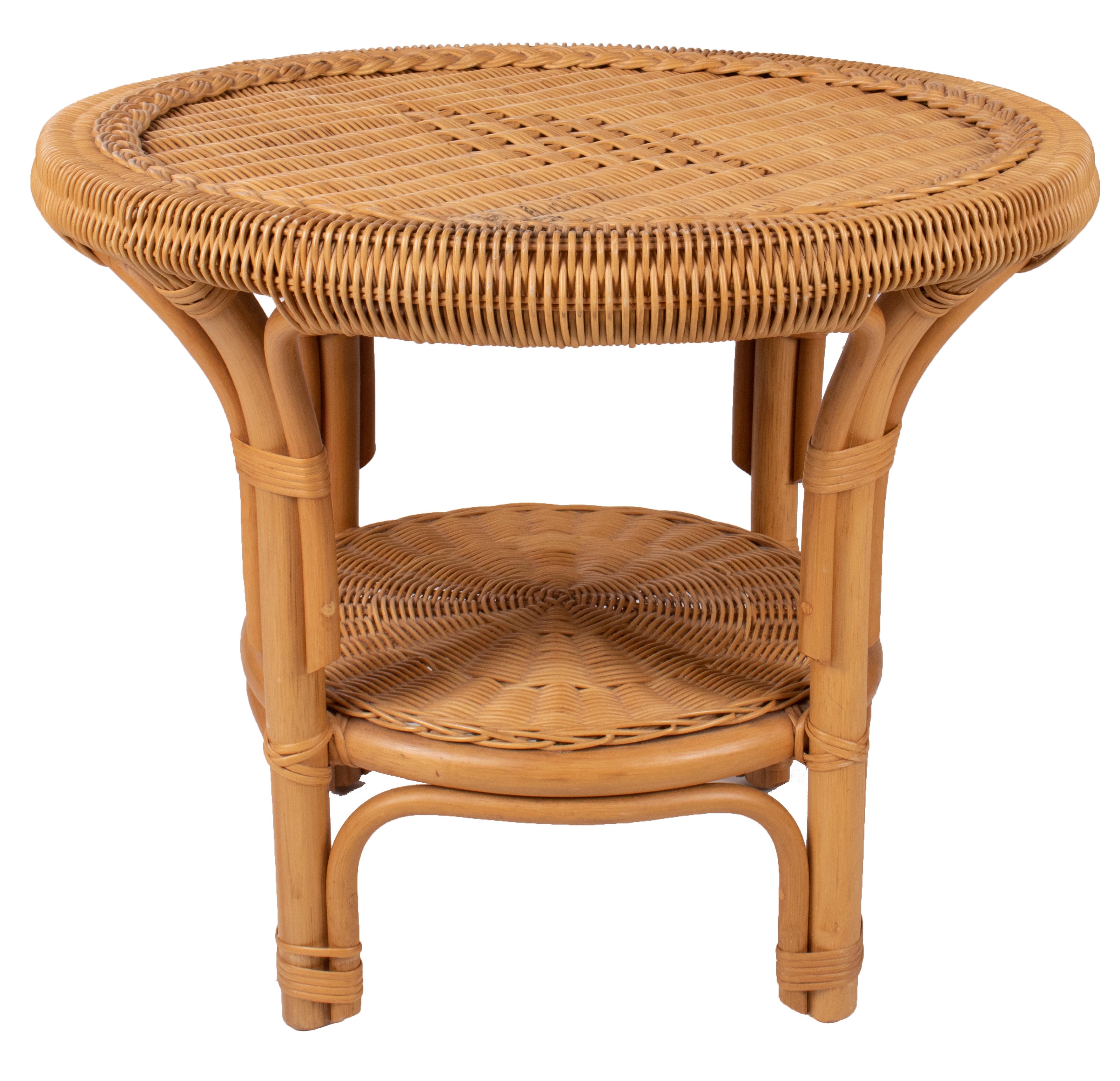 1980s Spanish bamboo and wicker round side table.