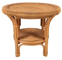 1980s Spanish Bamboo and Wicker Round Side Table