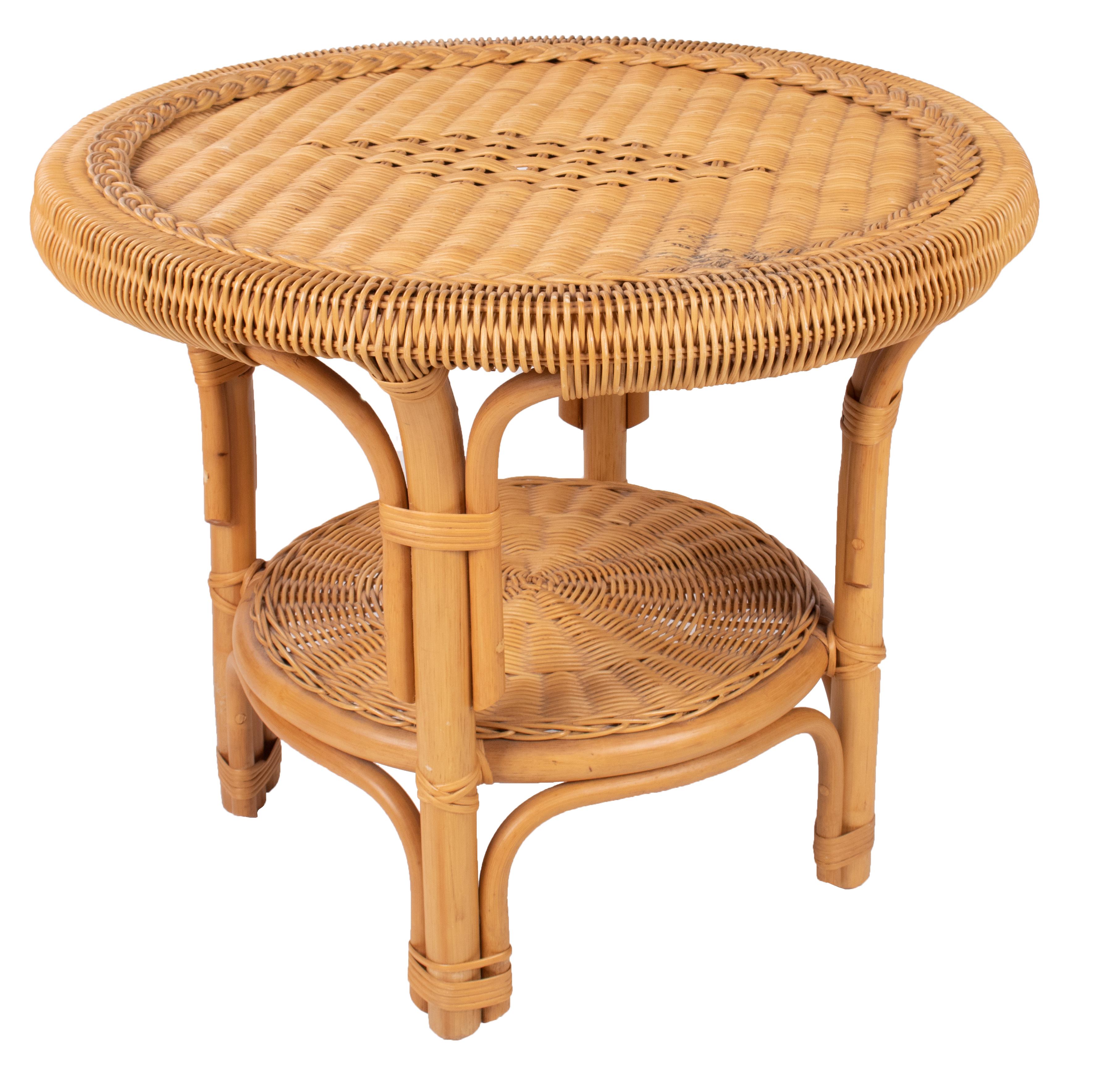 1980s Spanish Bamboo and Wicker Round Side Table