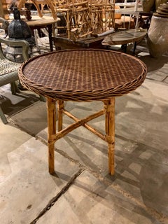 1980s Spanish Bamboo and Wicker Round Side Table