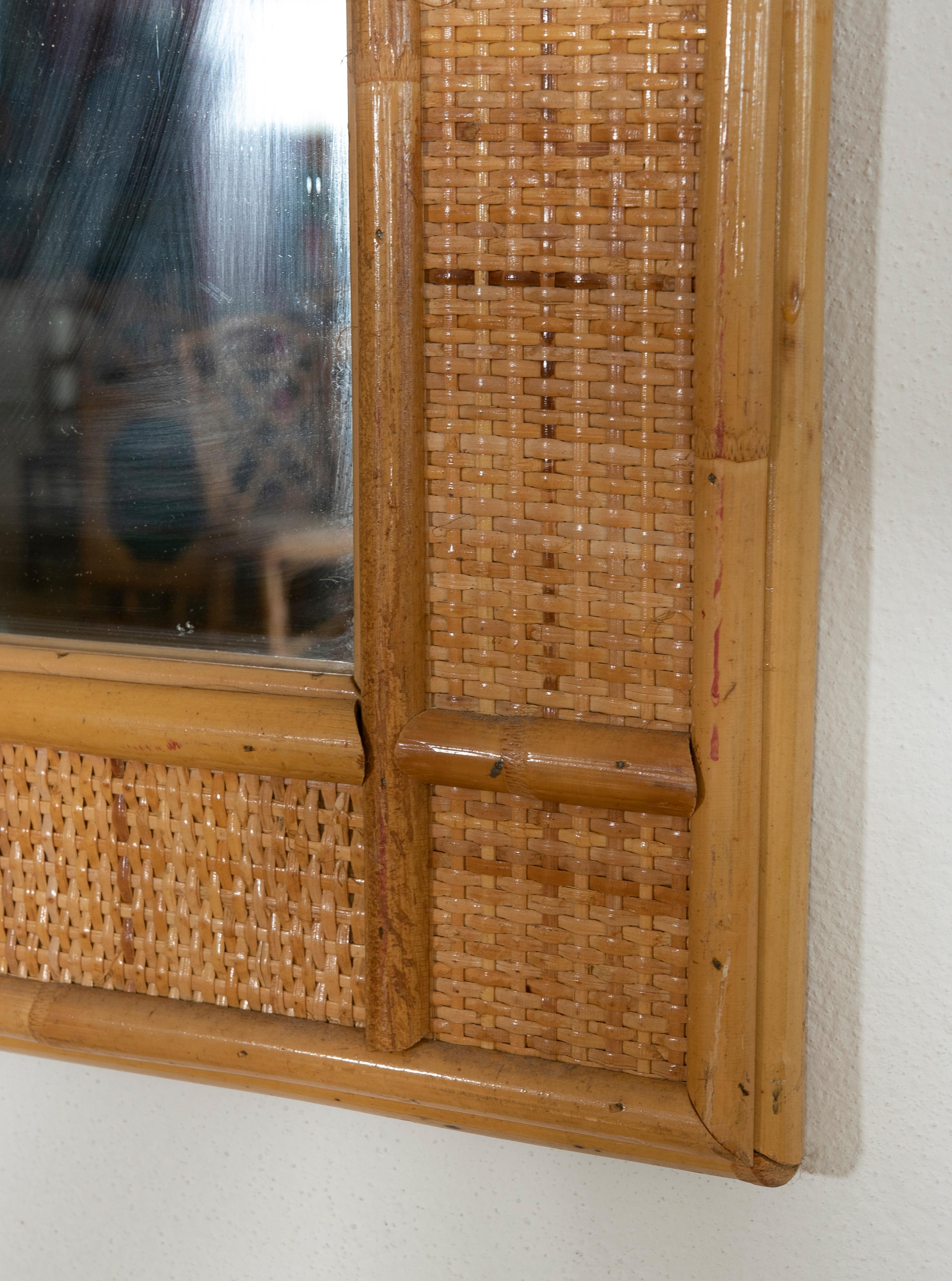 1980s Spanish Bamboo and Wicker Wall Mirror For Sale 1