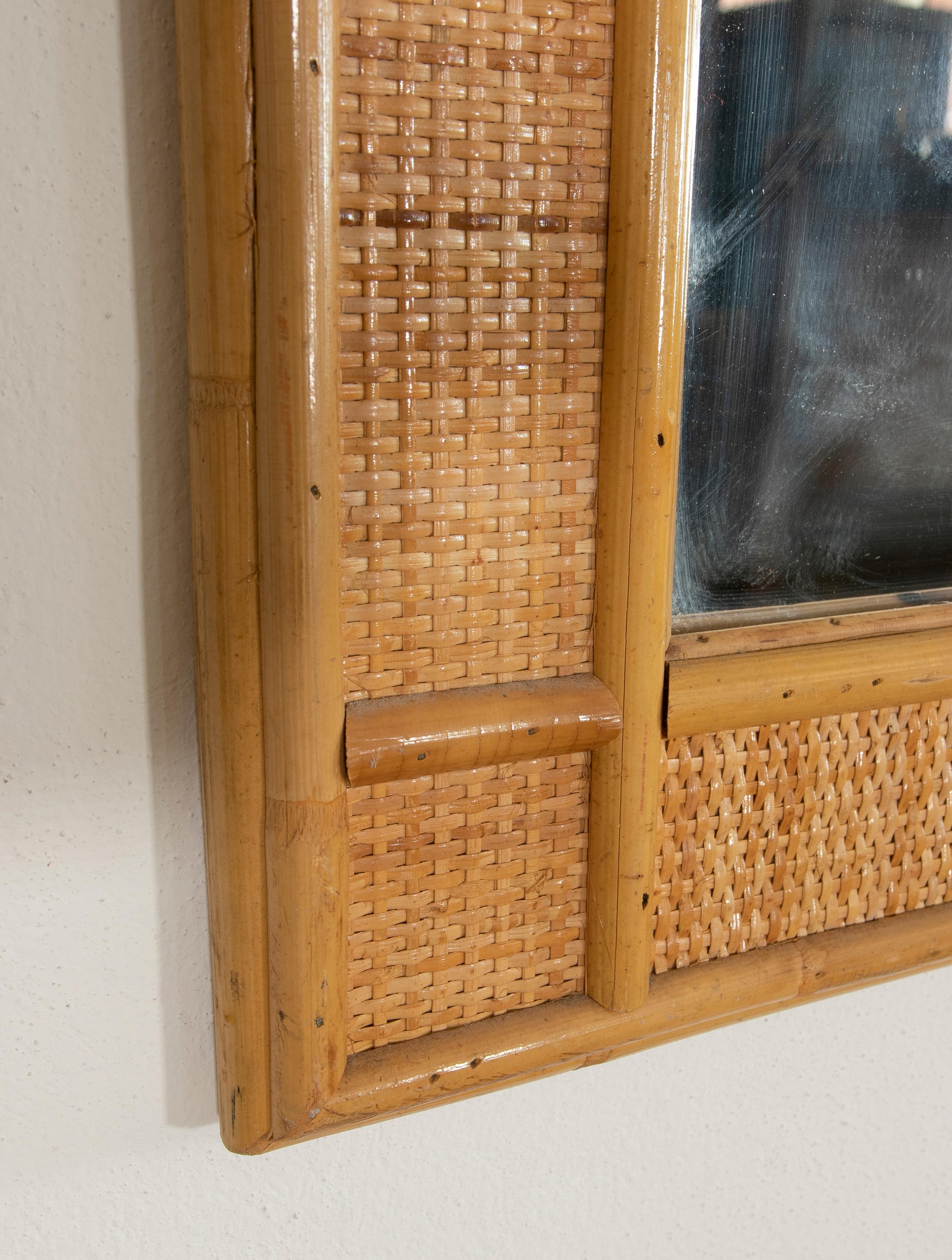 1980s Spanish Bamboo and Wicker Wall Mirror For Sale 2
