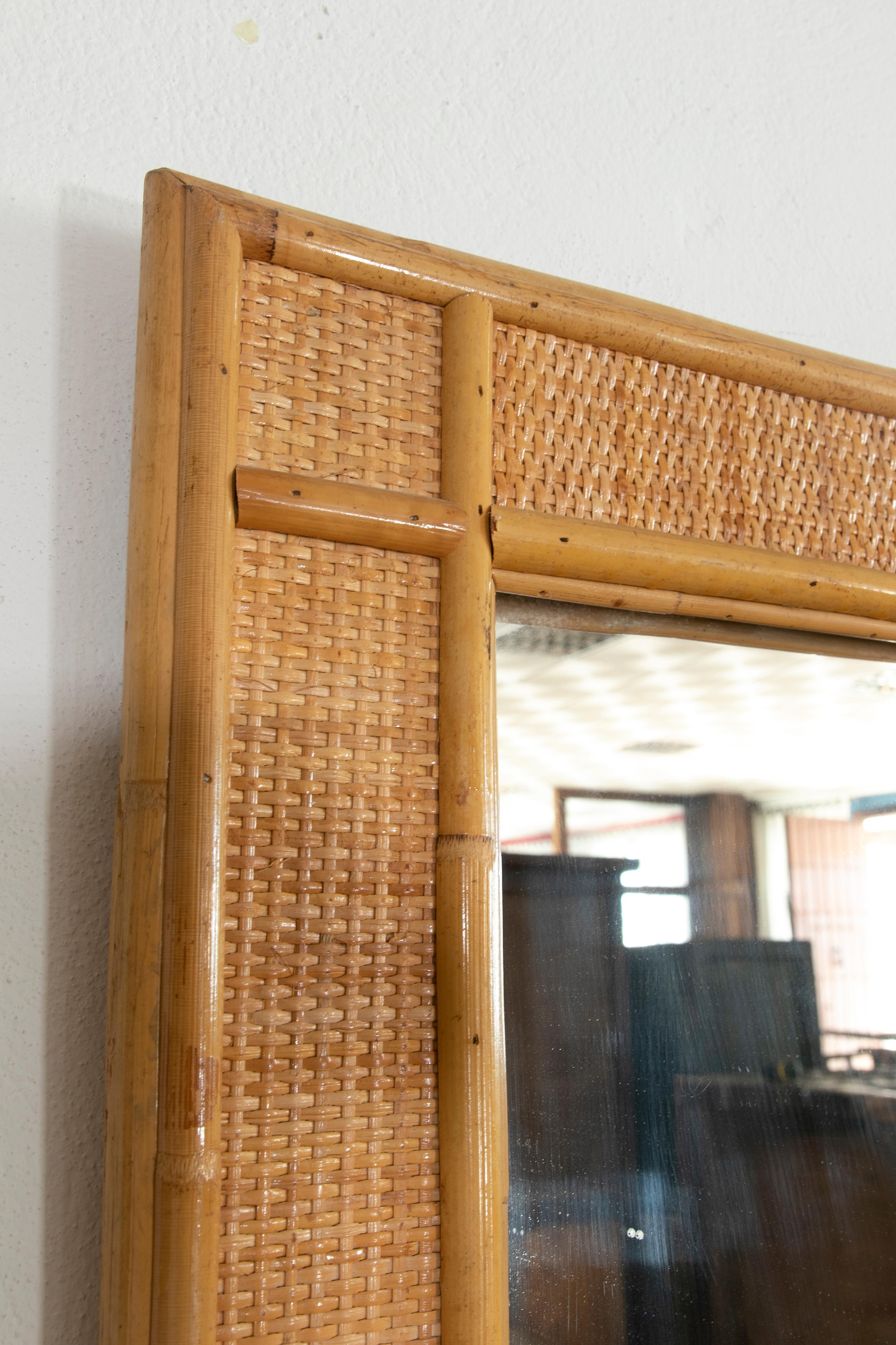 1980s Spanish Bamboo and Wicker Wall Mirror For Sale 3