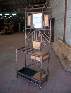 1980s Spanish Bamboo Coat Rack w/ Mirror & One Drawer Table