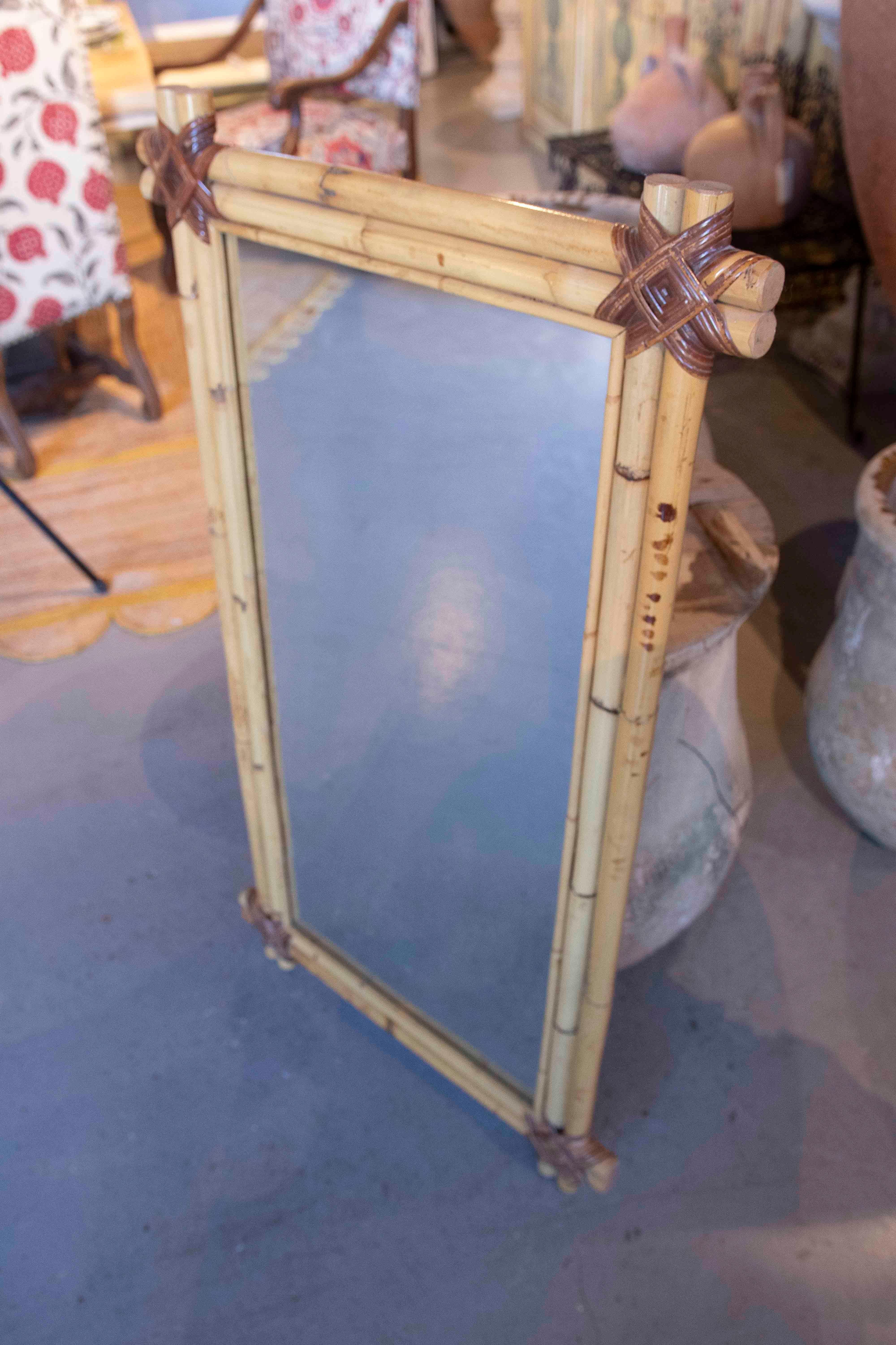 1980s Spanish Bamboo Rectangular Wall Mirror  In Good Condition For Sale In Marbella, ES