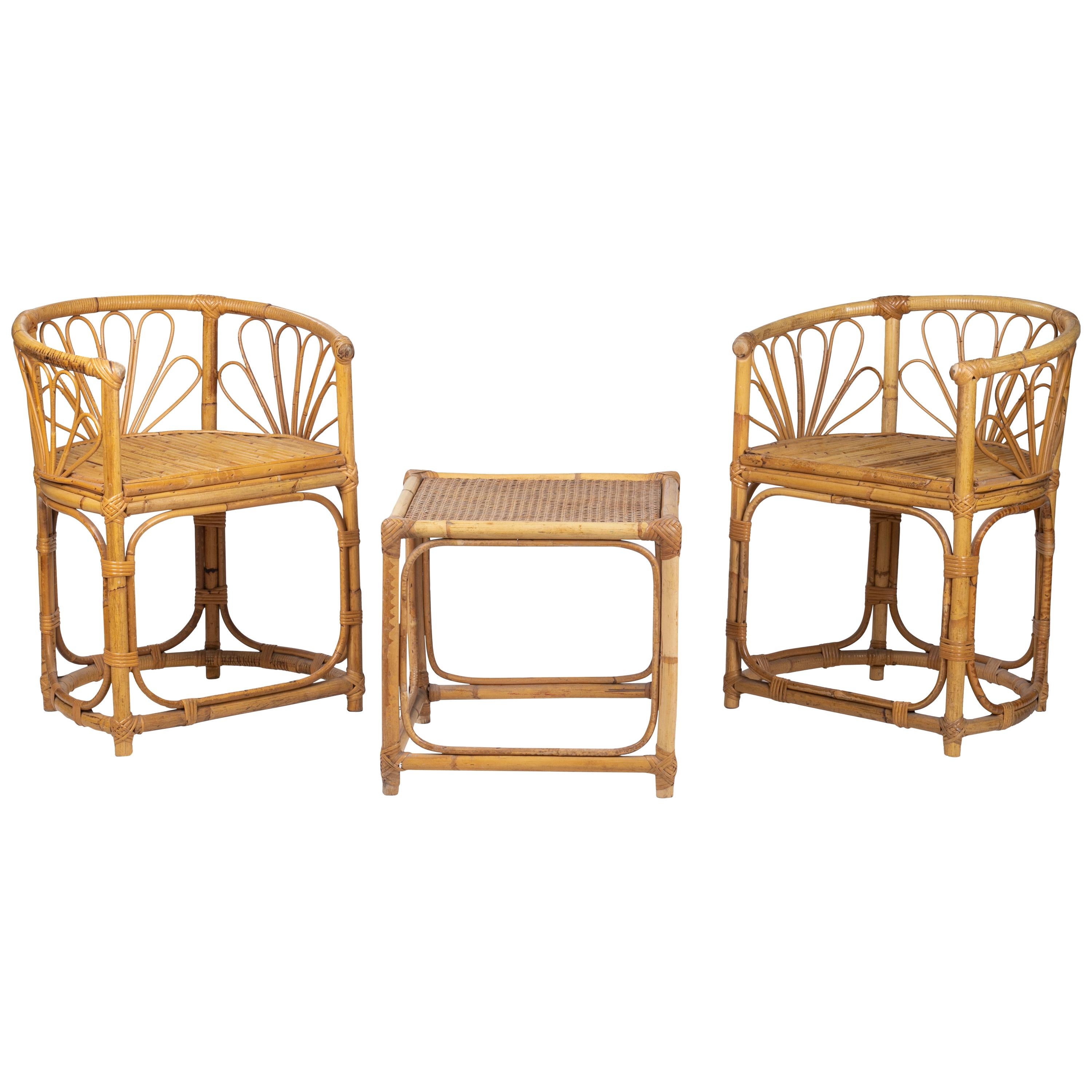 1980s Spanish Bamboo Set Consisting of a Table and Two Armchairs