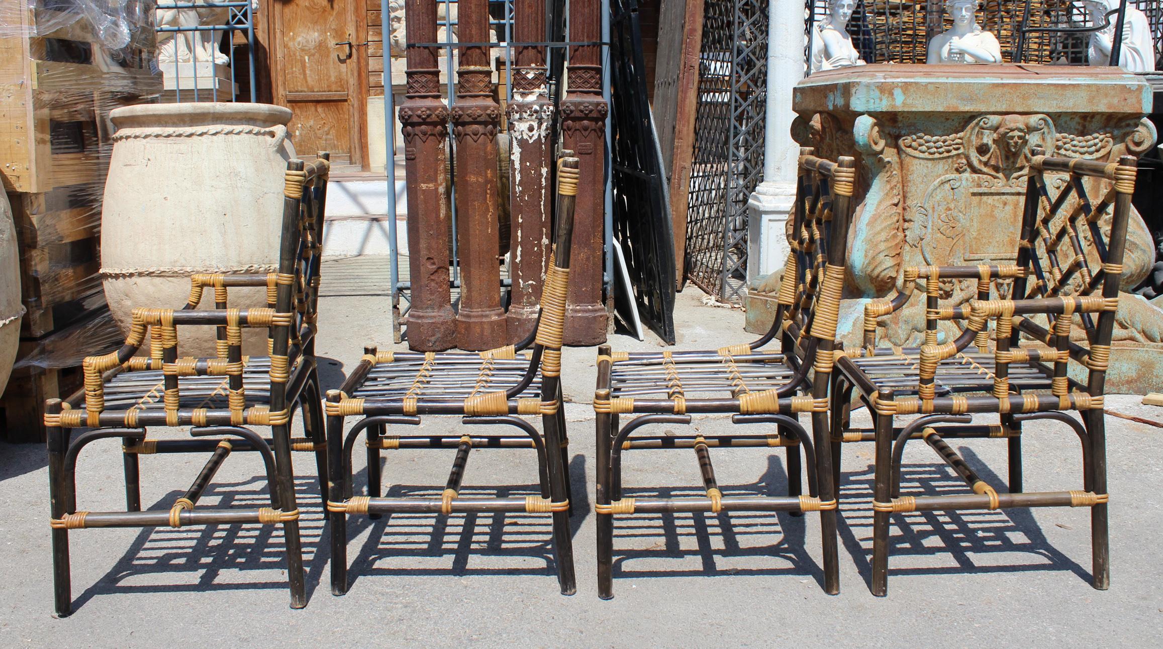 1980s Spanish Bamboo Set of Two Chairs, Two Armchairs and a Table 4