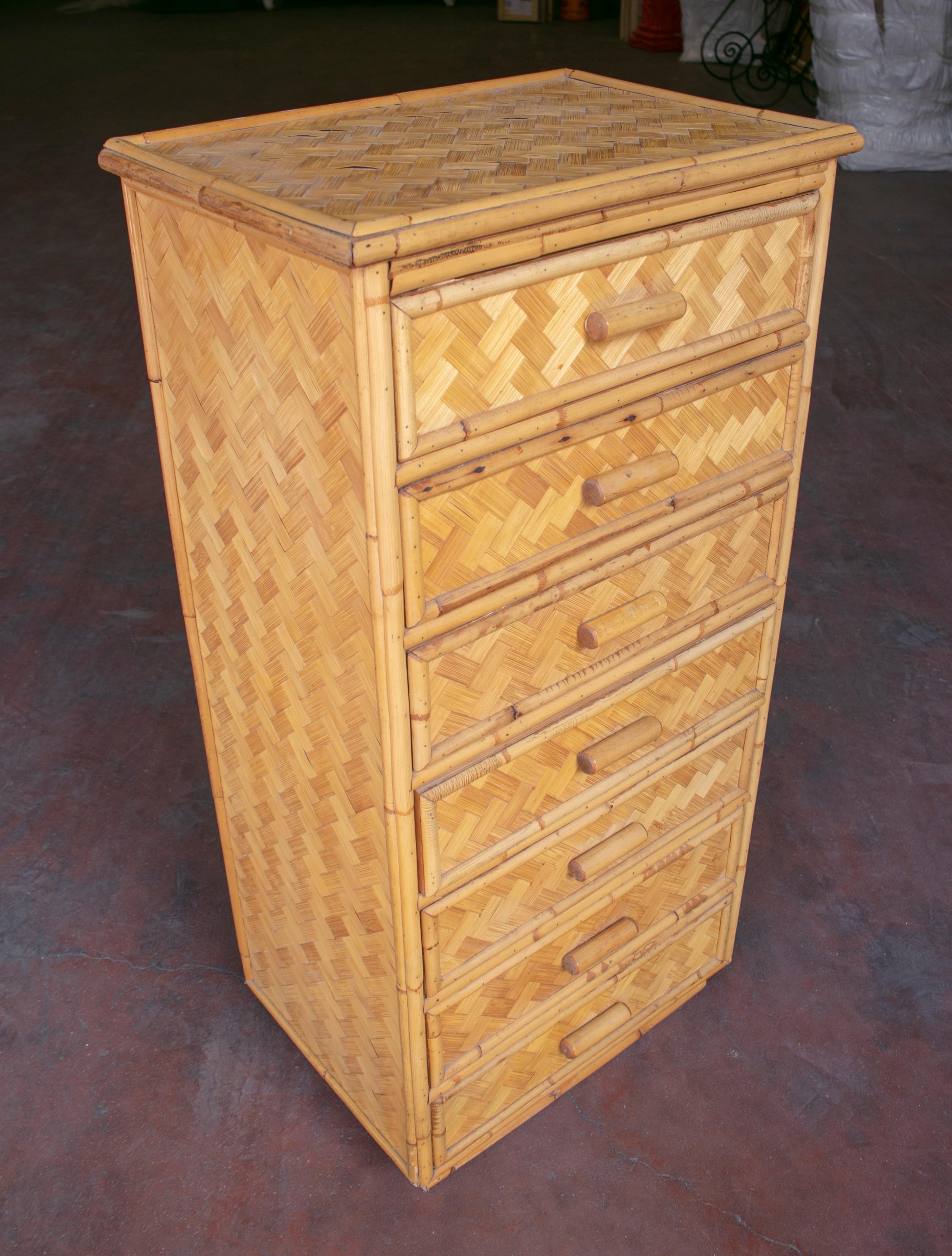 1980s Spanish bamboo six-drawer chest.