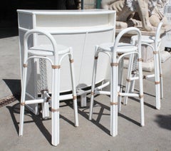 1980s Spanish Bamboo, Wood and Rattan Mini Bar Furniture with Three Stools