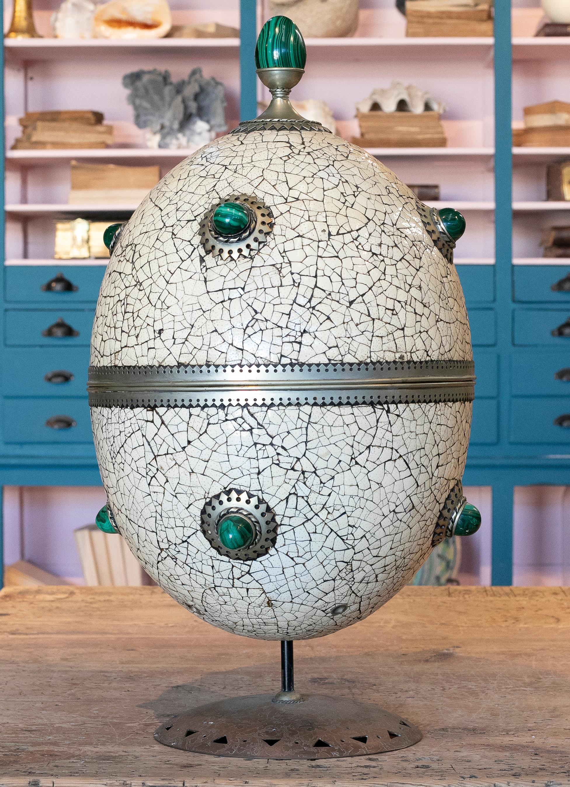 1980s Spanish Bronze and Malachite Giant Ostrich Egg In Good Condition In Marbella, ES