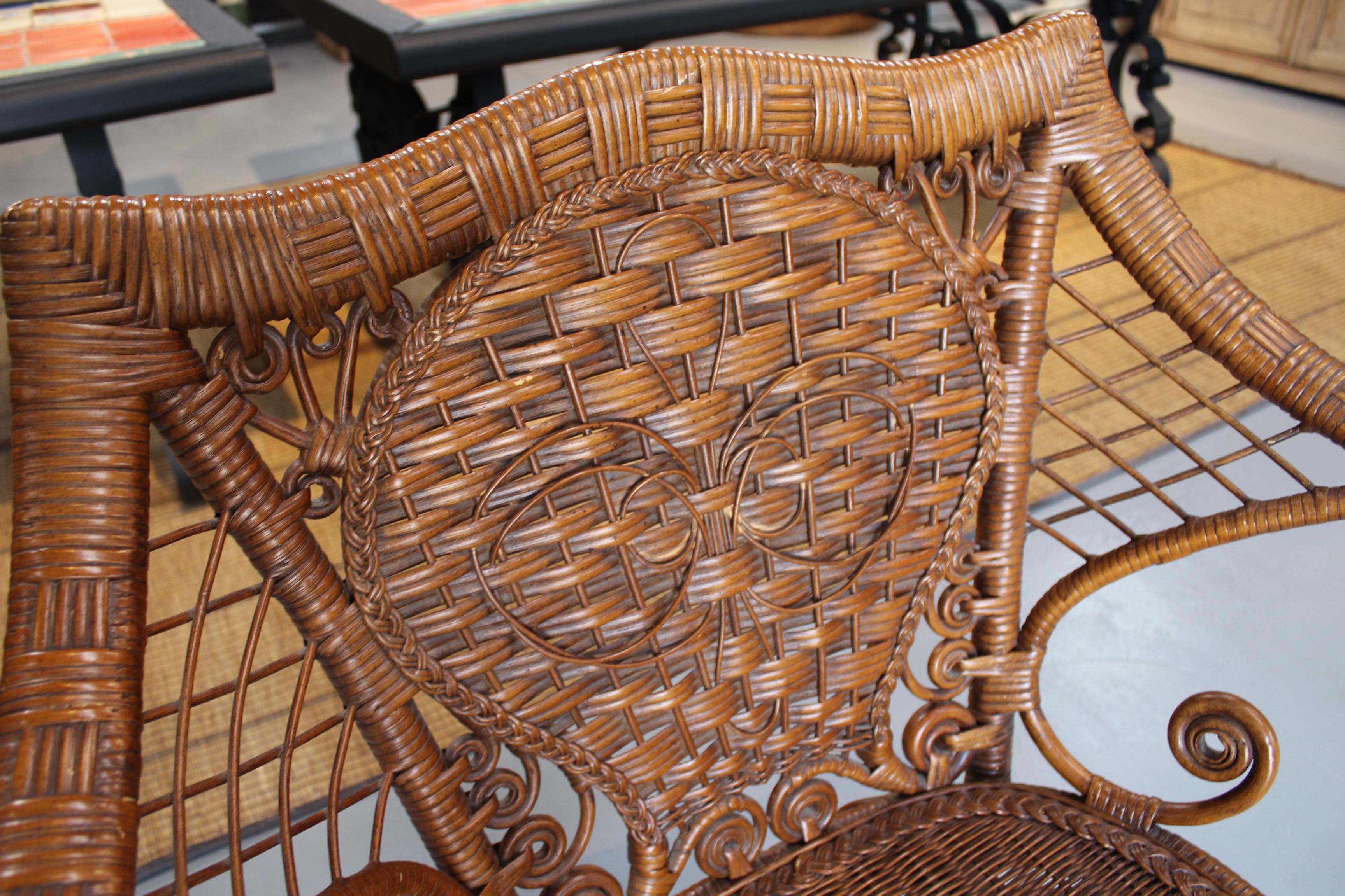 Wicker 1980s Spanish Canework and Wood Armchair with Volutes Decoration