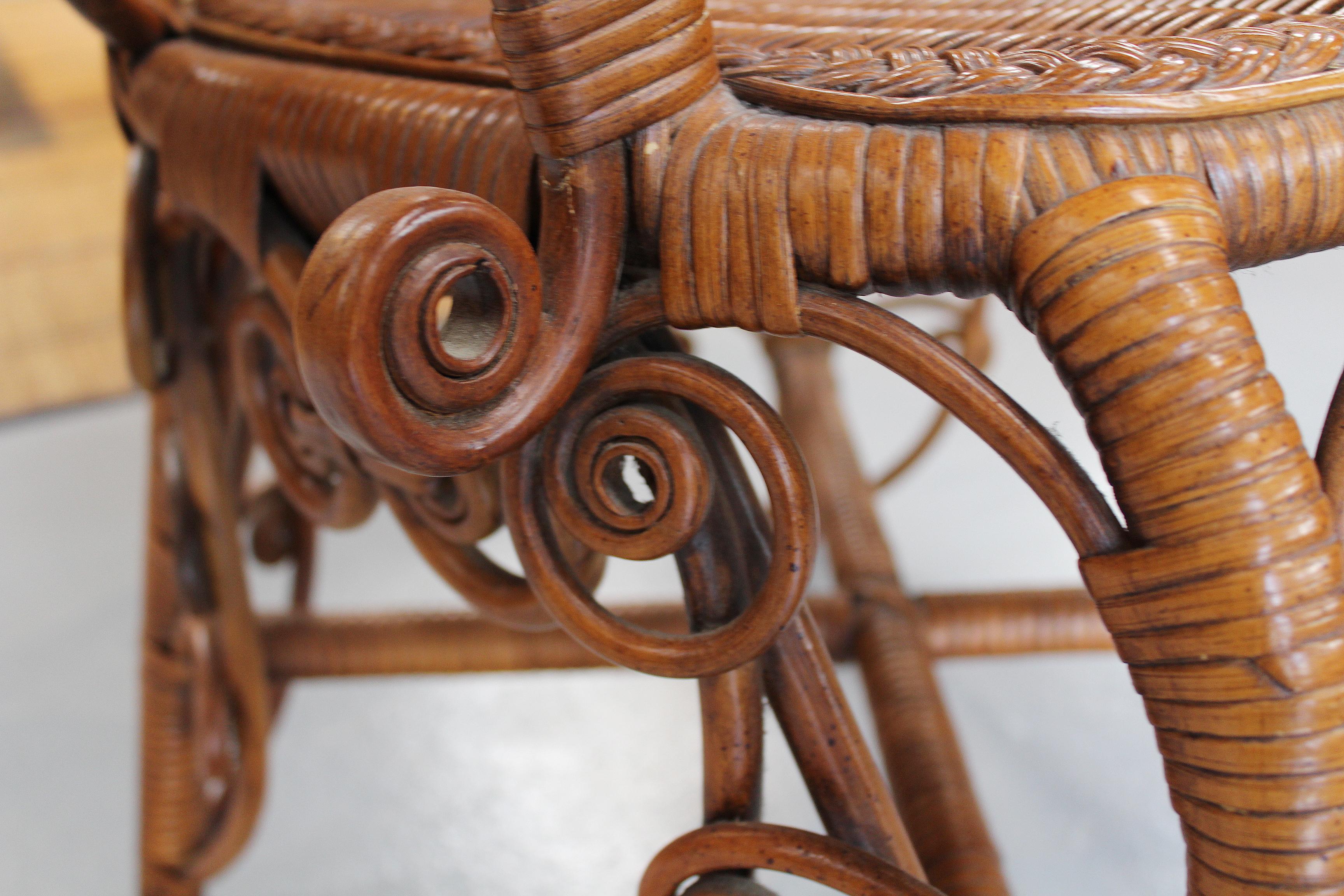 1980s Spanish Canework and Wood Armchair with Volutes Decoration 4