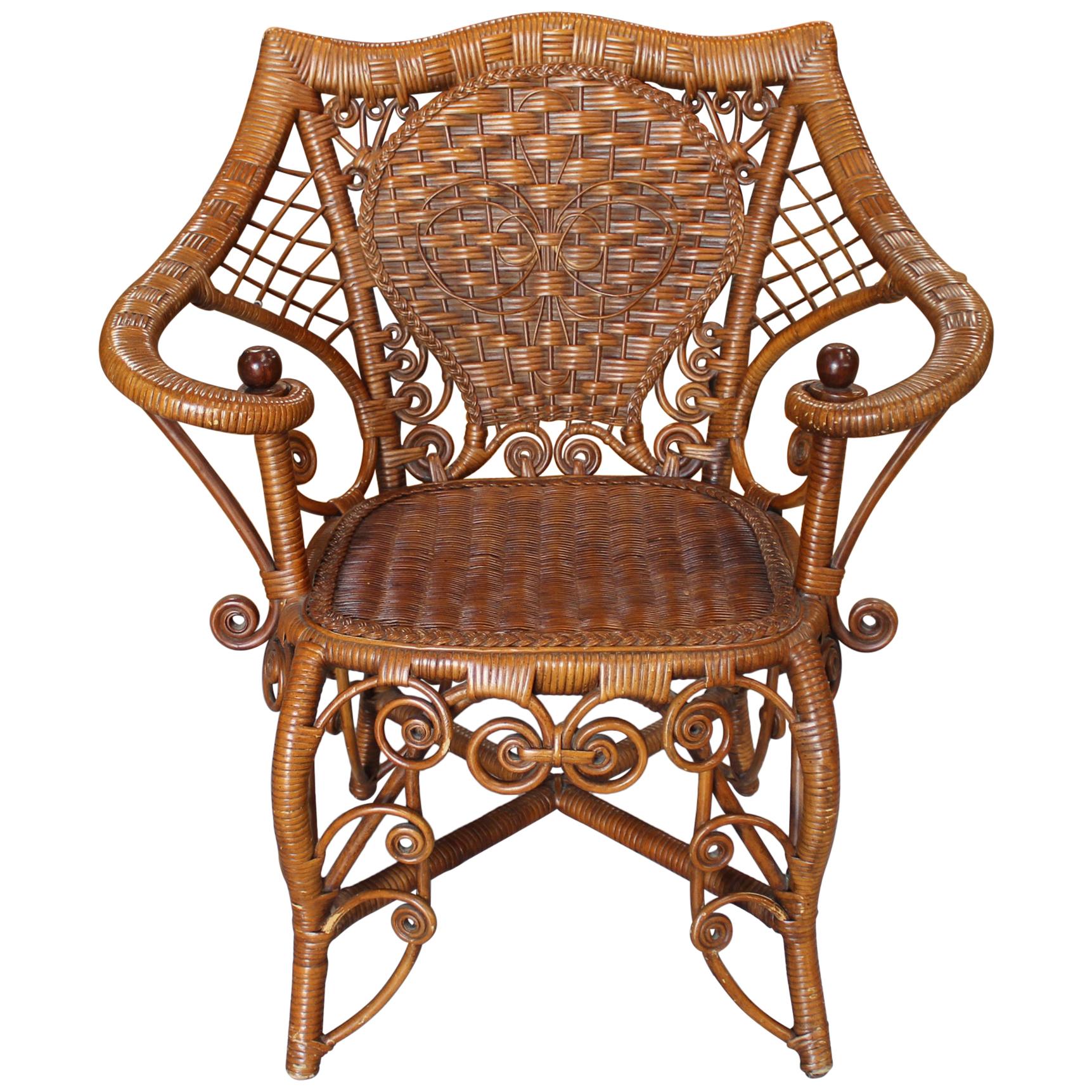 1980s Spanish Canework and Wood Armchair with Volutes Decoration