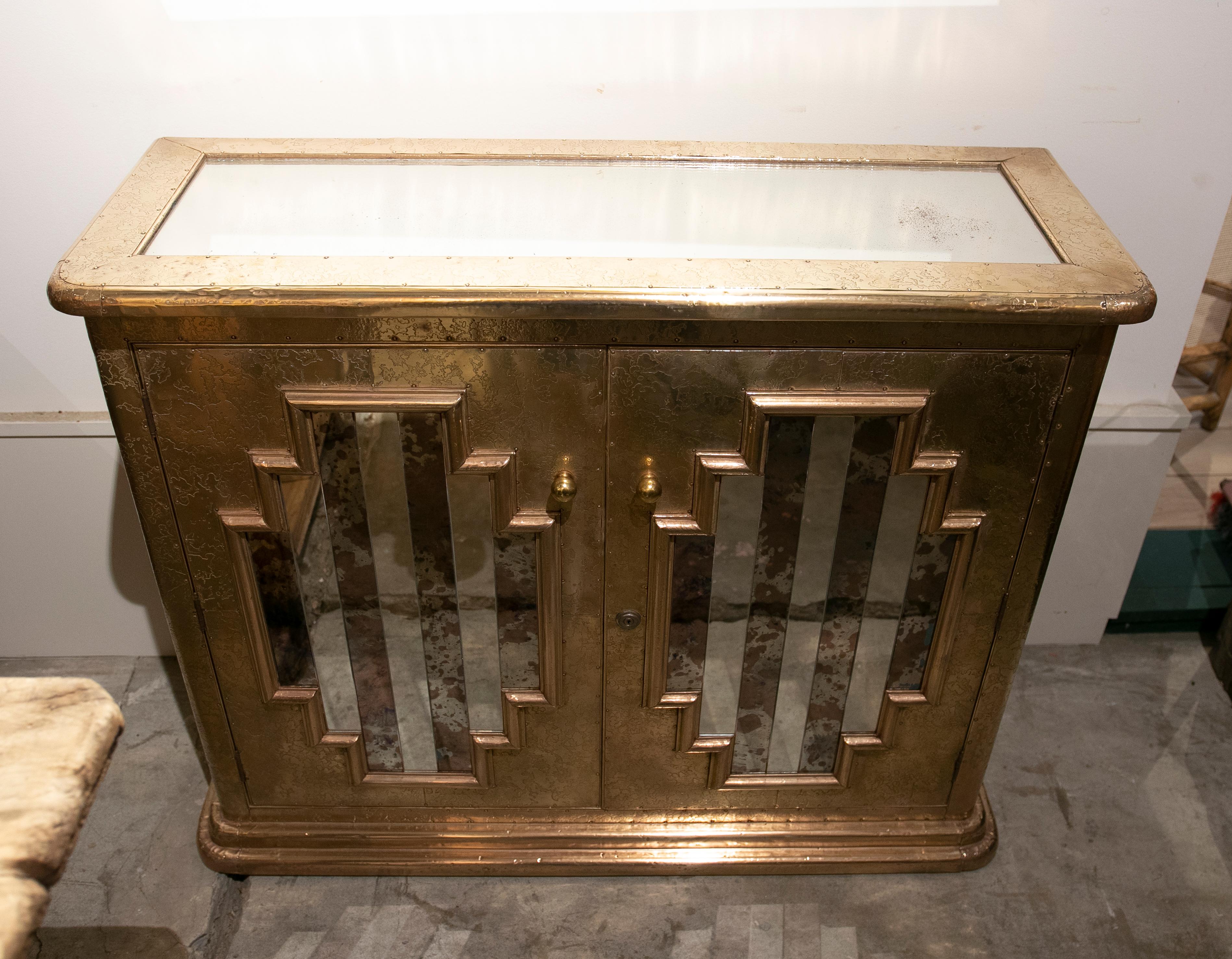 20th Century 1980s, Spanish Console with Brass Doors and Mirrors For Sale