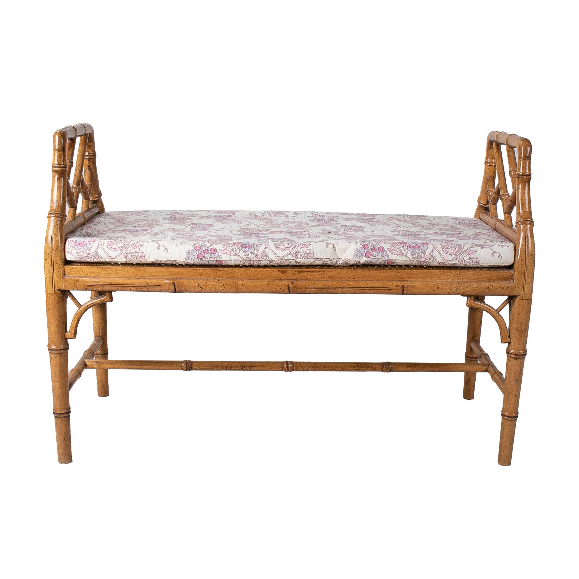 Vintage 1980s Spanish faux bamboo wooden long stool backless bench.