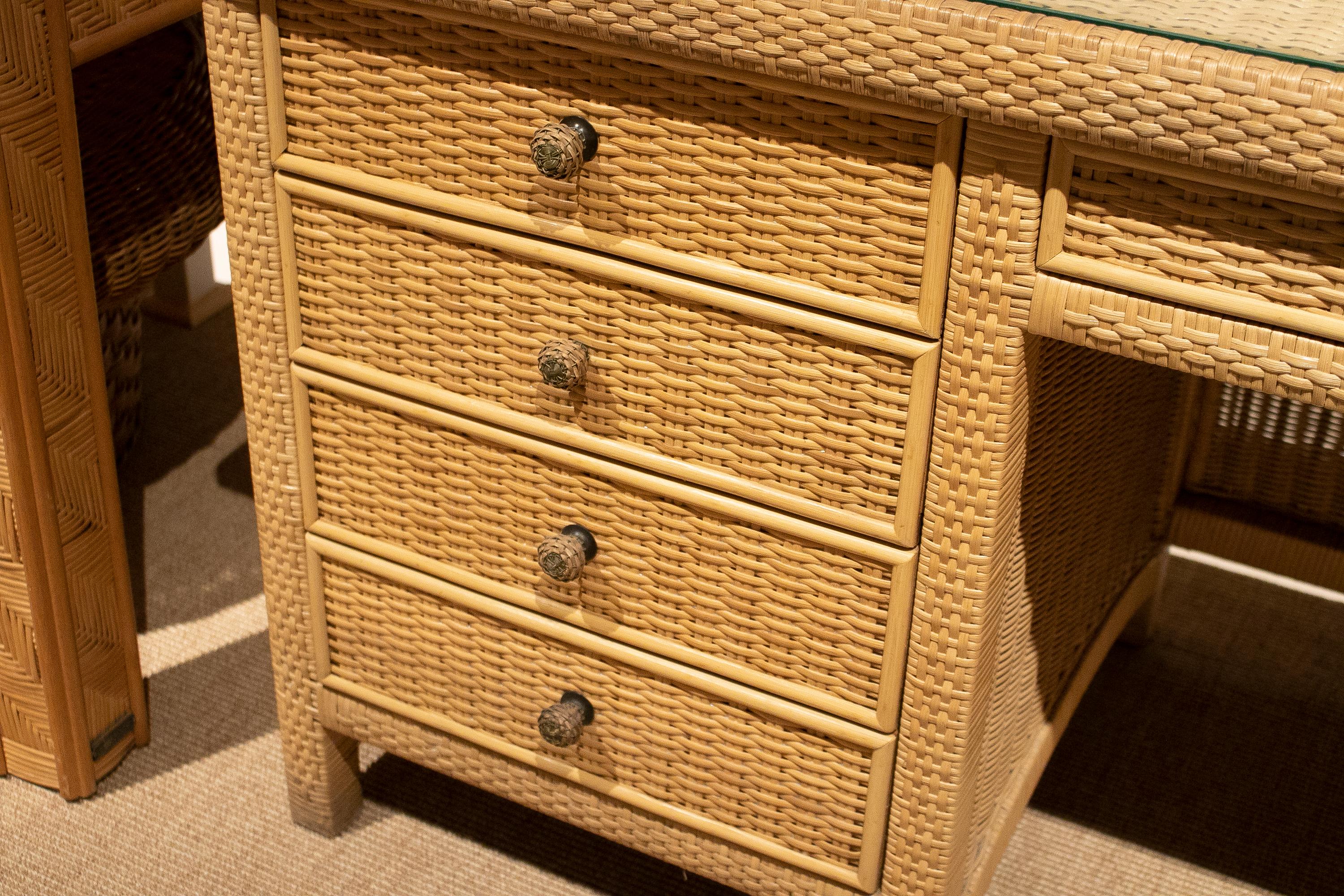 20th Century 1980s Spanish Four Drawer Wood & Wicker Office Desk w/ Glass Top For Sale