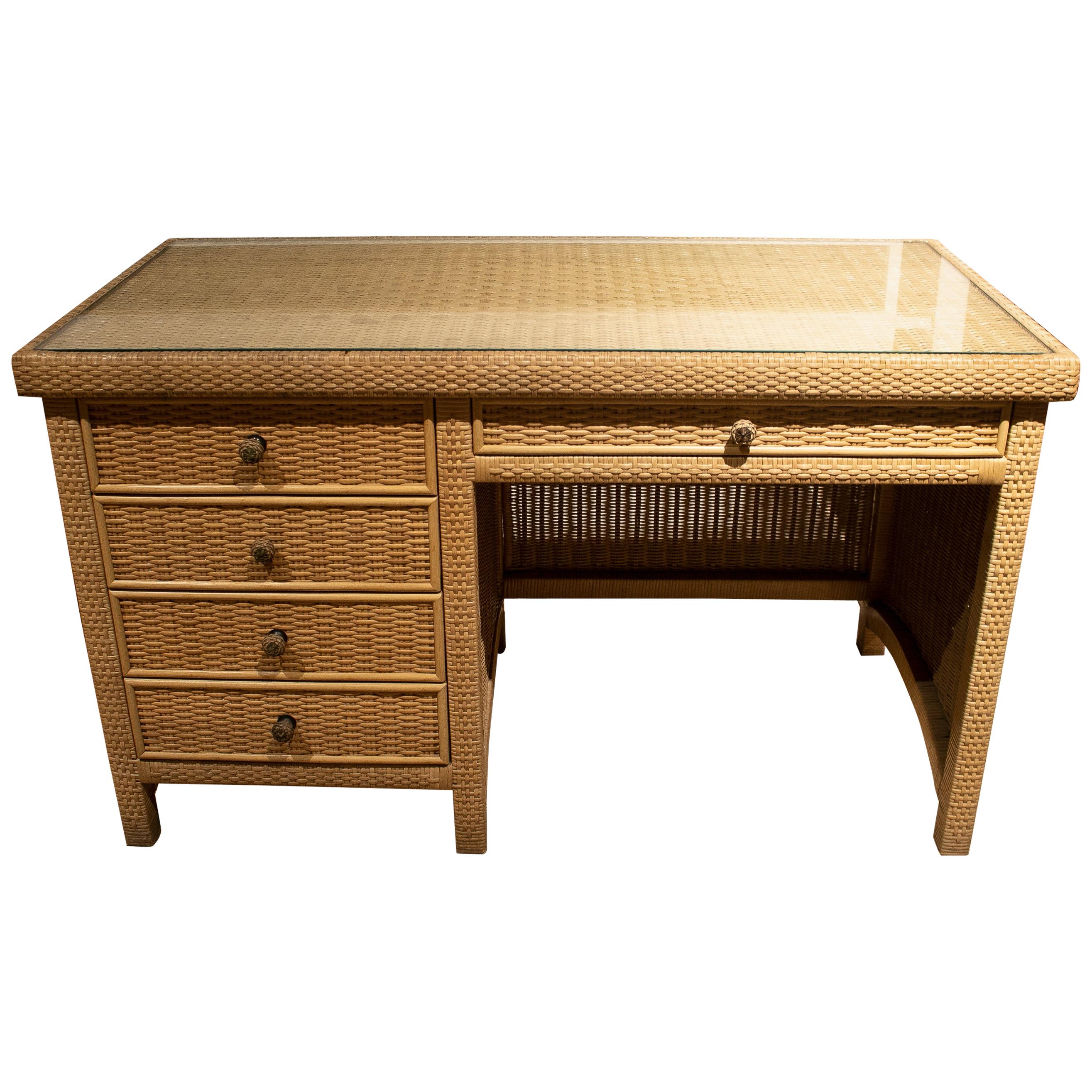 1980s Spanish Four Drawer Wood & Wicker Office Desk w/ Glass Top For Sale