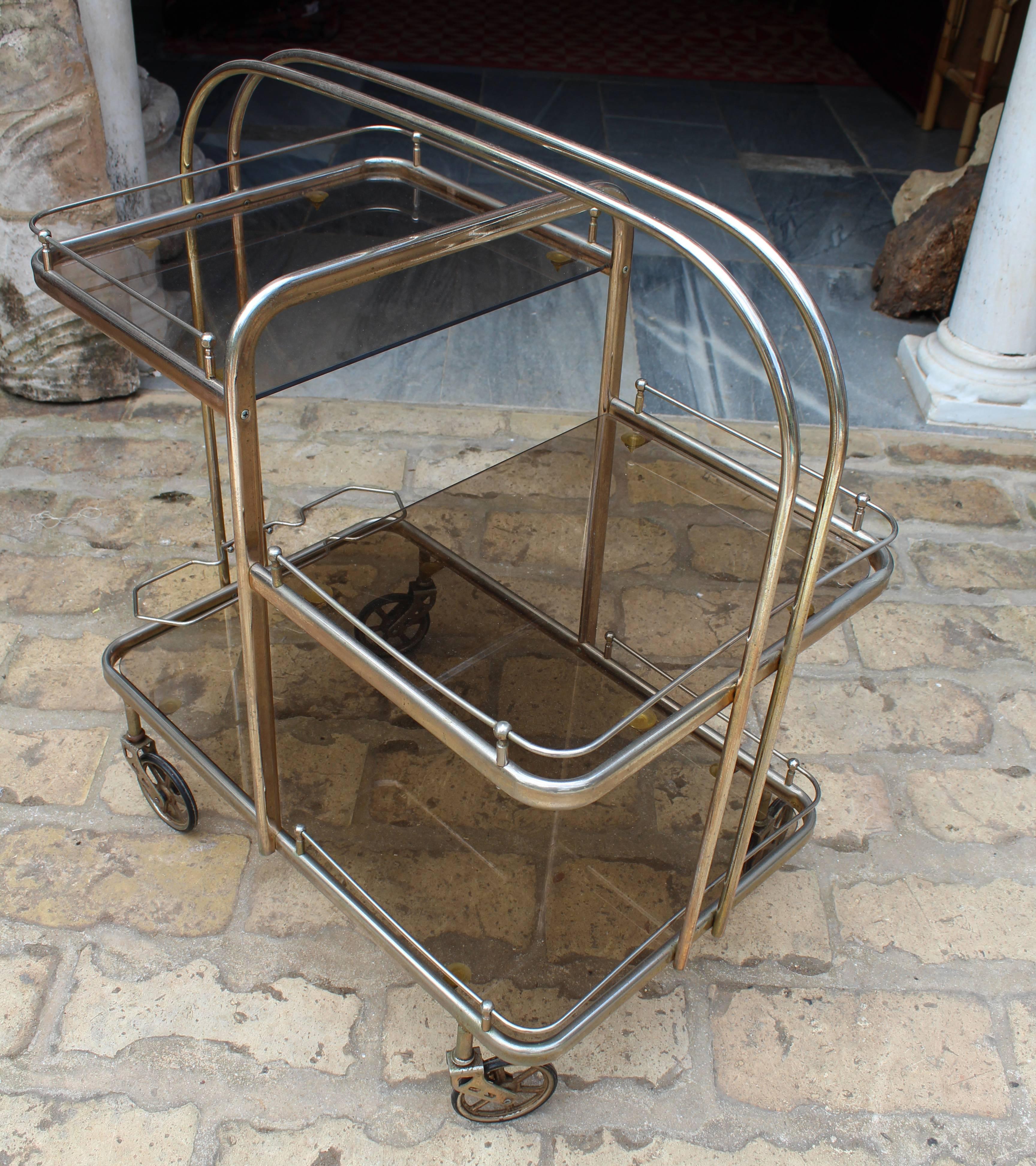 20th Century 1980s, Spanish Gilded Brass Drinks Trolley with Original Rubber Wheels For Sale