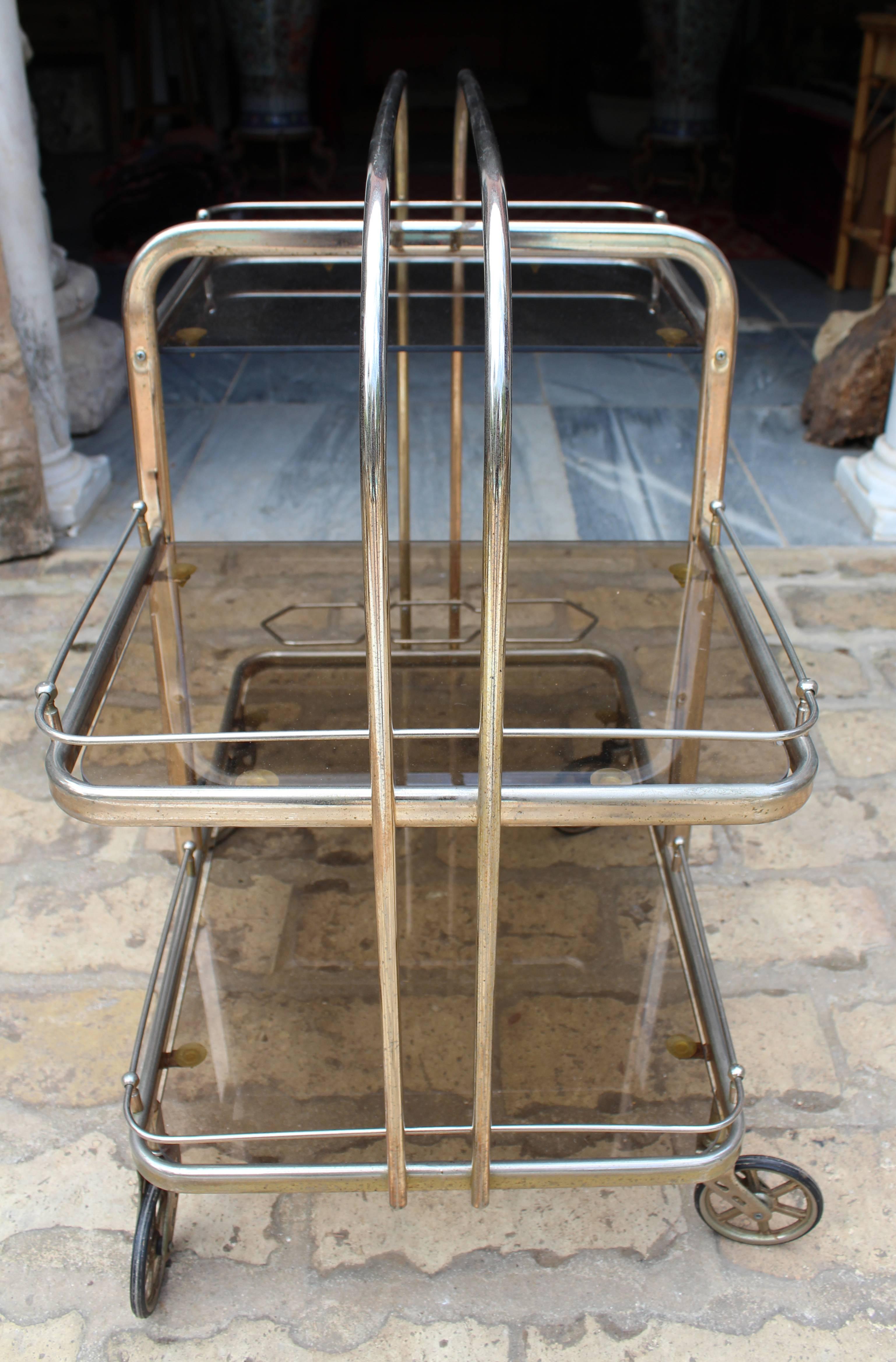 Bronze 1980s, Spanish Gilded Brass Drinks Trolley with Original Rubber Wheels For Sale