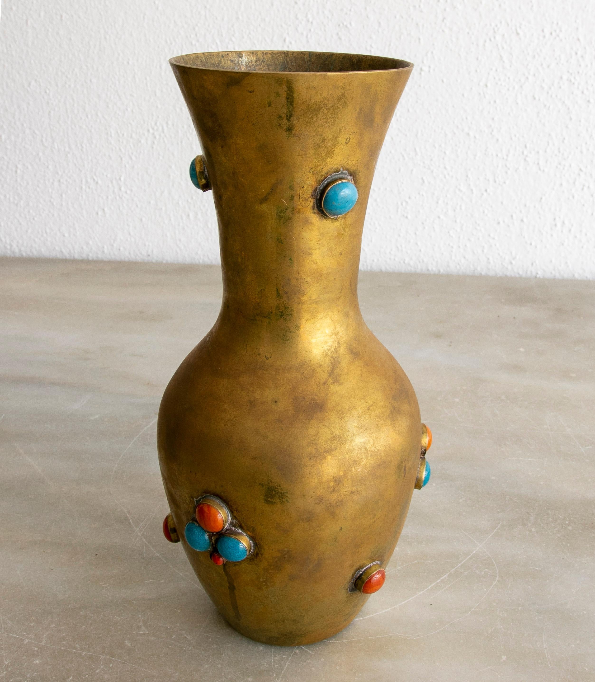 Vintage 1980s Spanish gilt bronze vase with red and turquoise inlaid stones.
