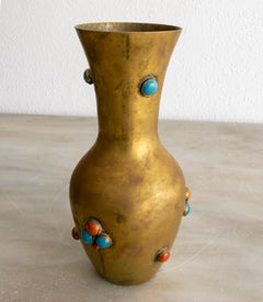 1980s Spanish Gilt Bronze Vase w/ Red and Turquoise Inlaid Stones