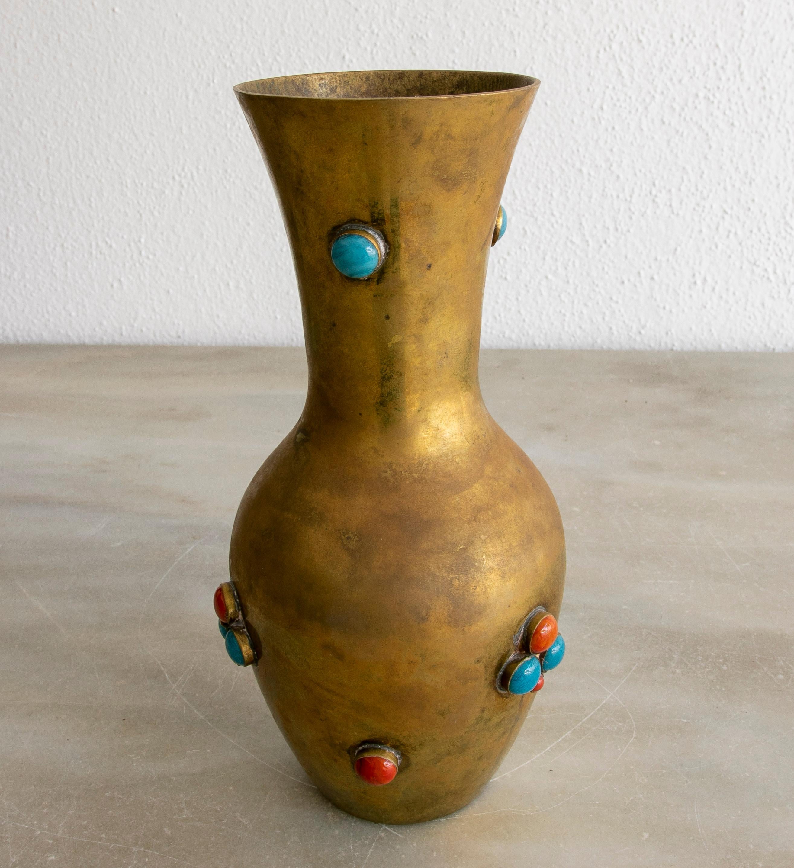 20th Century 1980s Spanish Gilt Bronze Vase w/ Red and Turquoise Inlaid Stones