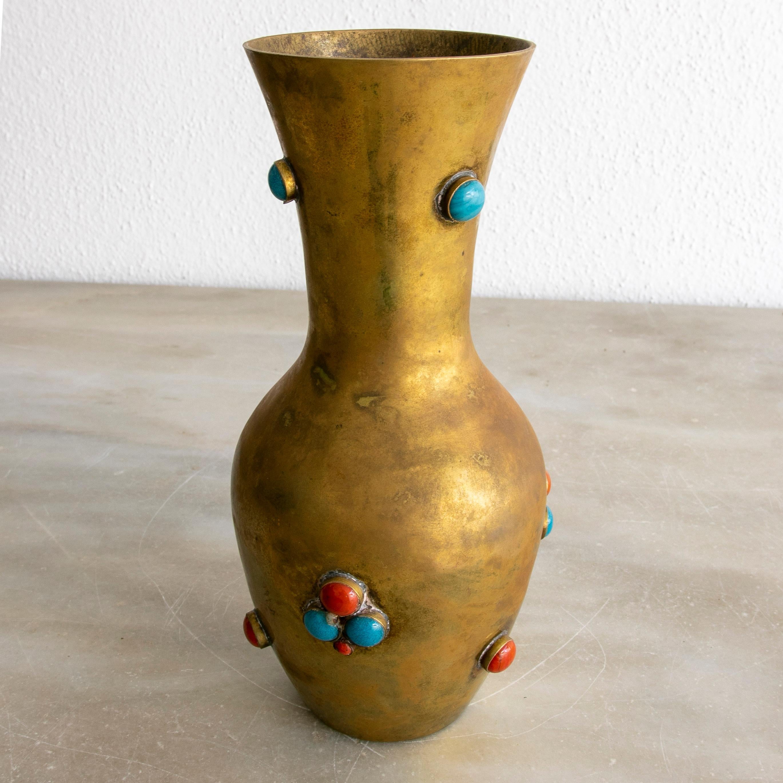 1980s Spanish Gilt Bronze Vase w/ Red and Turquoise Inlaid Stones 1