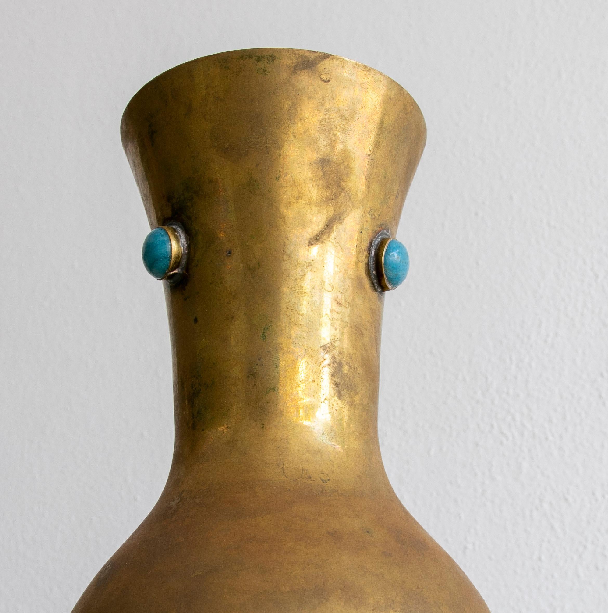 1980s Spanish Gilt Bronze Vase w/ Red and Turquoise Inlaid Stones 4