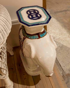 1980s Spanish Glazed Ceramic Painted Elephant Pedestal