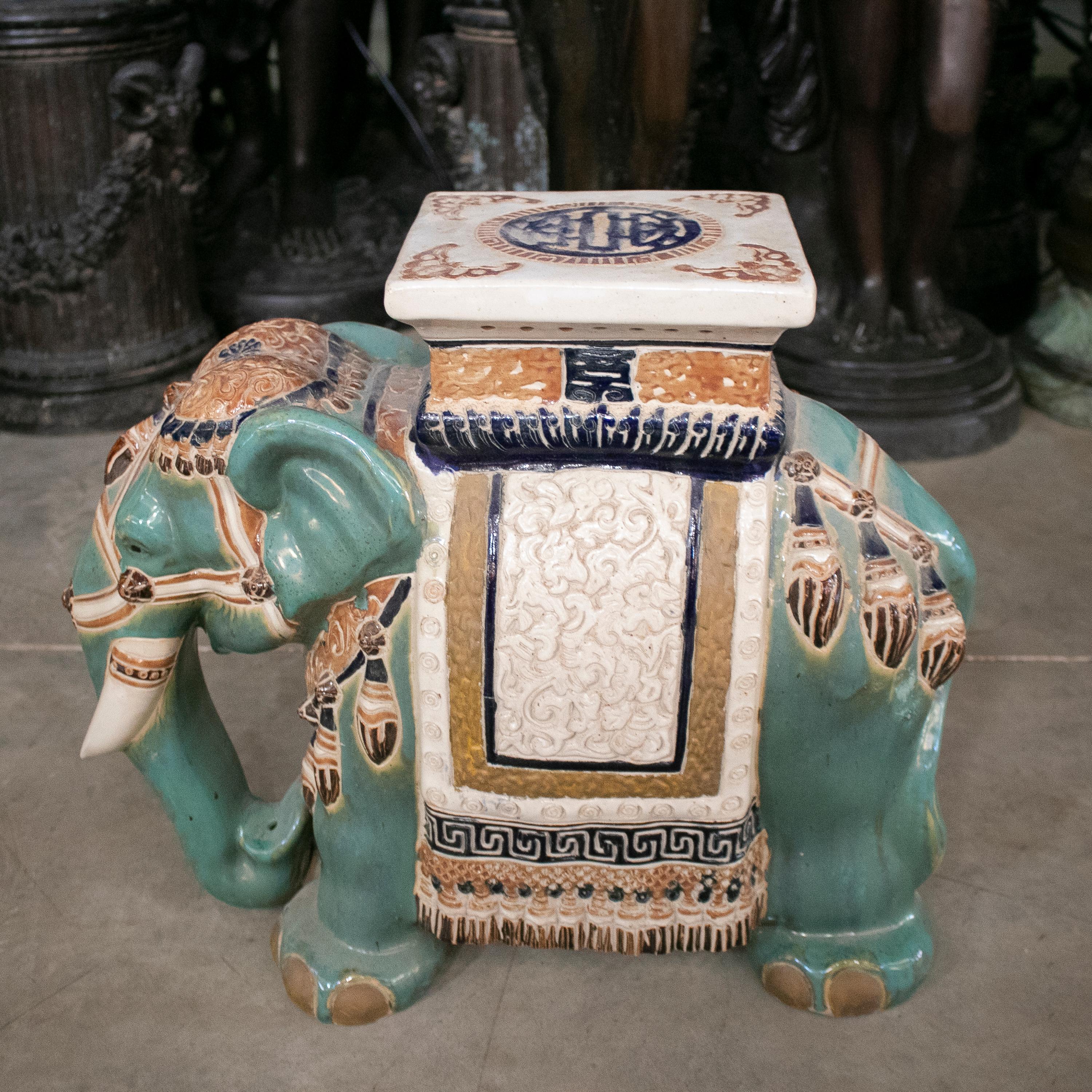 1980s Spanish Glazed Ceramic Painted Elephant Pedestal 1