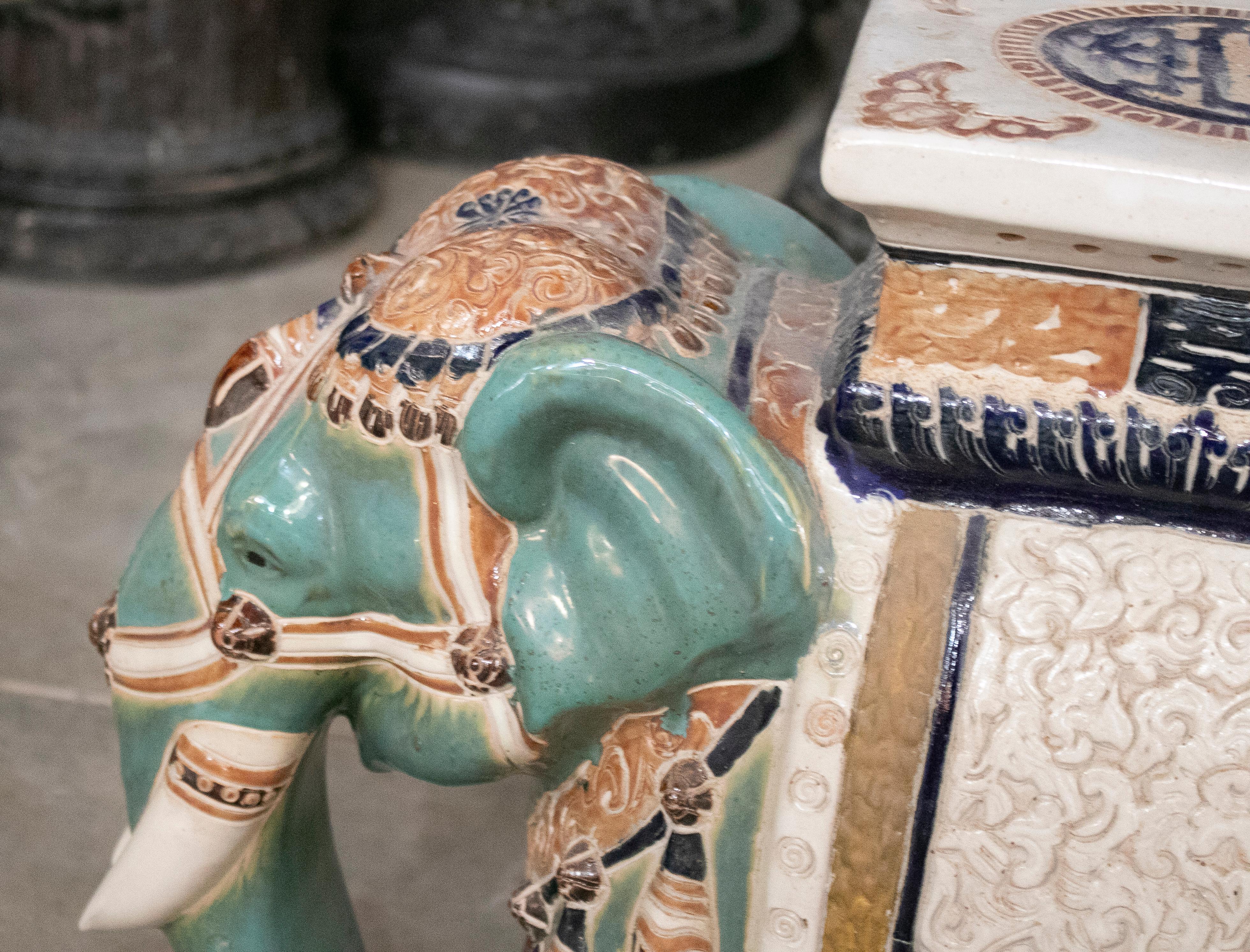 1980s Spanish Glazed Ceramic Painted Elephant Pedestal 2